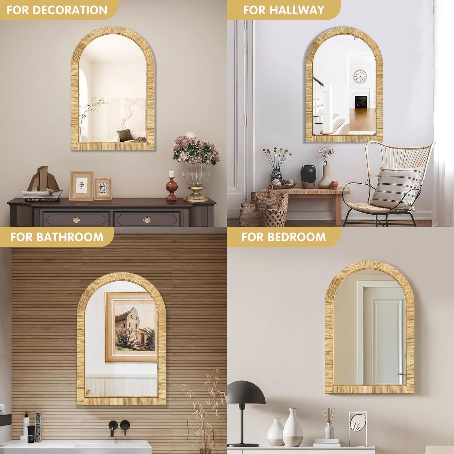 Decorative Rattan Wall Mirror, Boho Bathroom Modern Makeup Mirror, Rustic Wall Bohemia Mirrors for Bedroom, Living Room, Vanity Versatile Farmhouse, Nursery, Bathroom, 36"x24", Arched