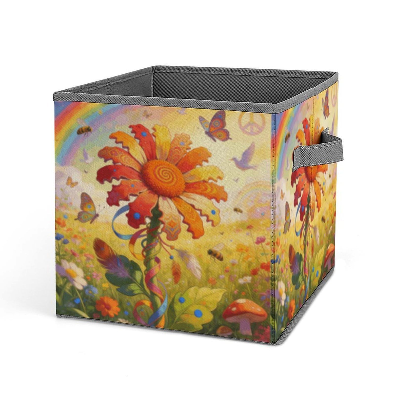 Hippie Daisy Storage Baskets Collapsible, Exquisite Pattern Cube Box, Canvas Fabric Storage Bins with Handles, Clothe Organizer Box for Home Decorative Office Bedroom