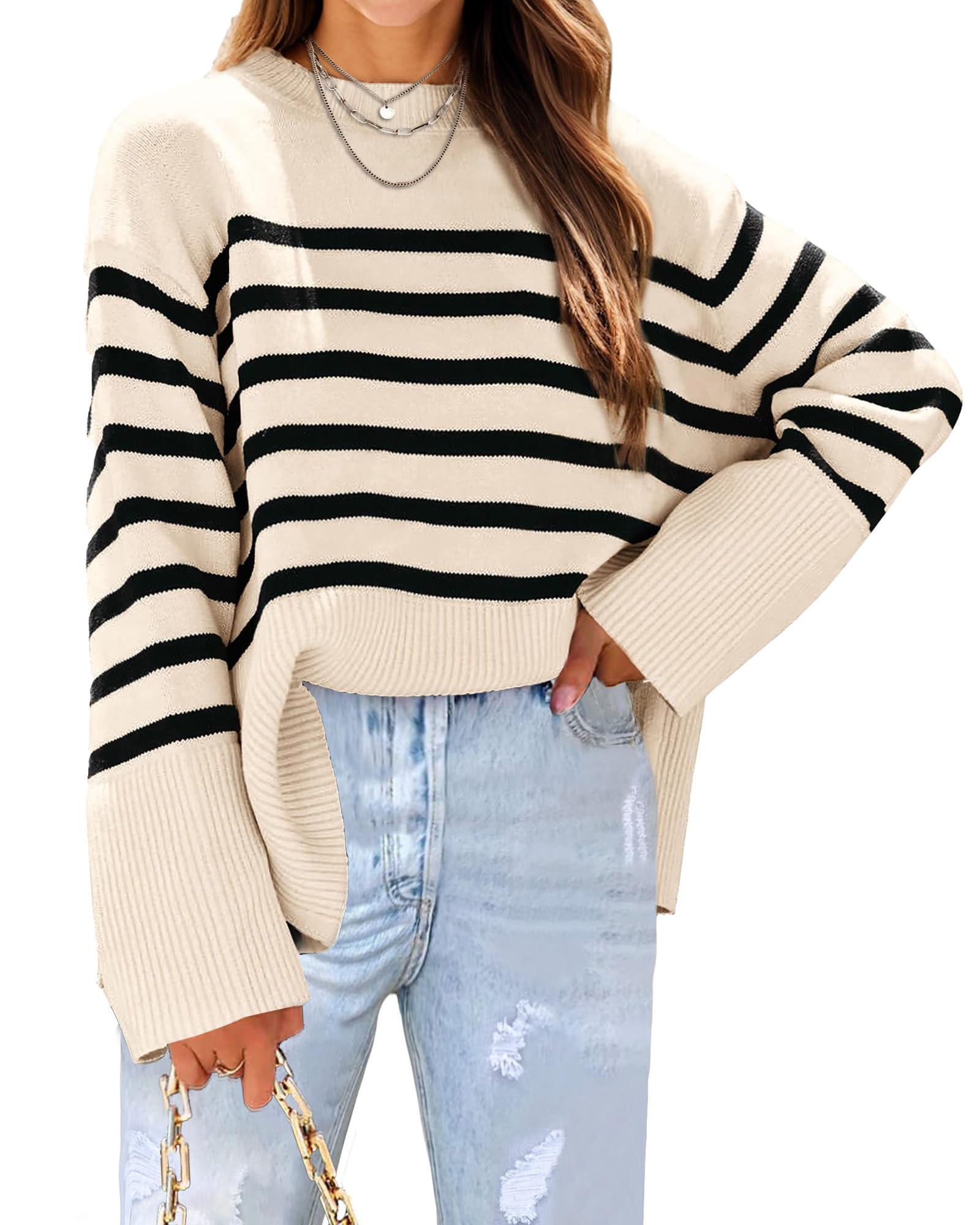 Womens Sweaters Fall 2025 Overiszed Striped Long Sleeve Side Slit Loose Pullover Sweaters Knitted Tops