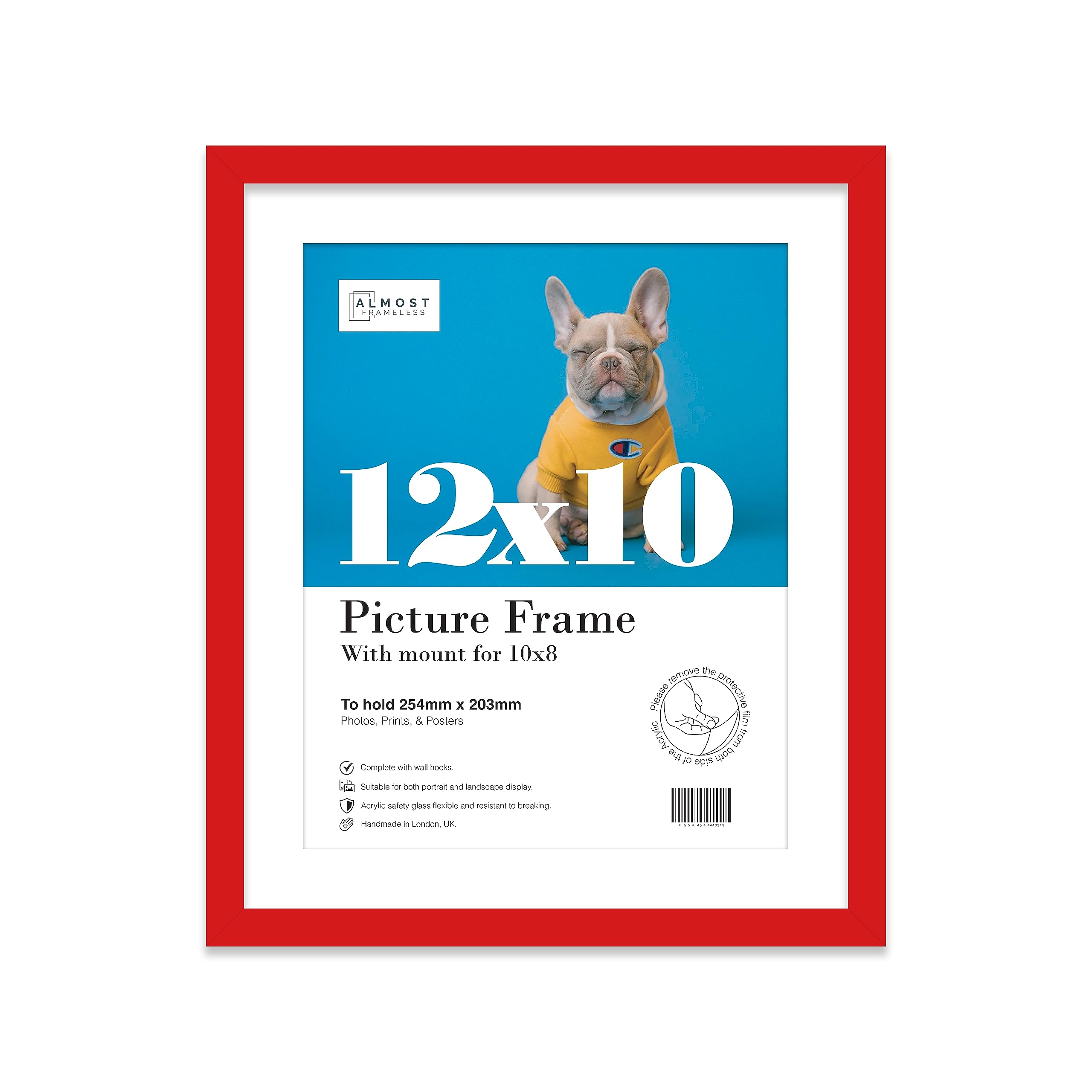 Almost Frameless 12x10 Red Picture Frame With Mount for 10x8 Print, Poster or Photo Poster, Photo, Artwork, or Print. Thin Edge Slim Frame Portrait and Landscape Display with Wall Hooks
