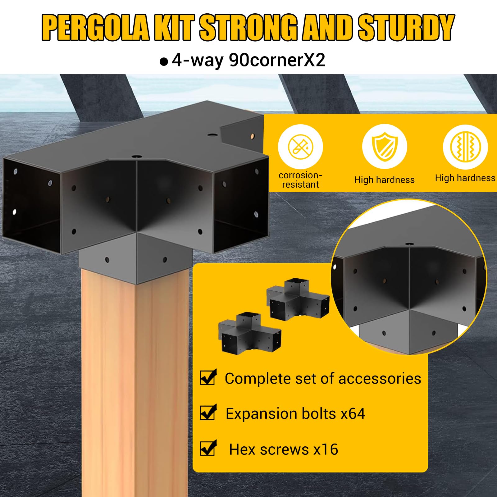 Kit Staffe per Pergolato, Staffe Angolari a 4 Vie 90° Adatte per Pali 95,5×95,5 mm, Kit di Montaggio in Acciaio per Strutture Esterne, 2 Pezzi