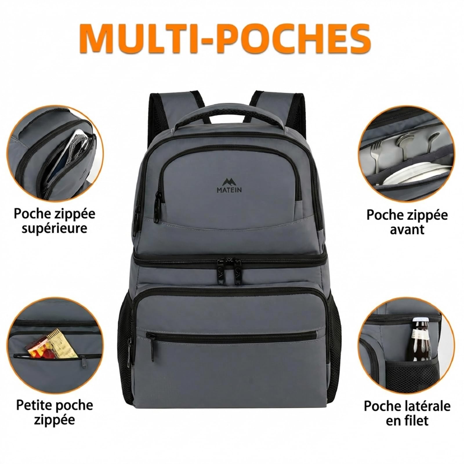 MATEIN Sac à Dos Isotherme, Sac Isotherme 34L Grande Capacité avec Compartiment Glacière Souple, Étanche Sac Isotherme Repas Travail Double Couche pour Plage Camping Randonnée, Cadeau Homme, Gris | Sac à déjeuner anti-fuite avec décapsuleur, facile à nett