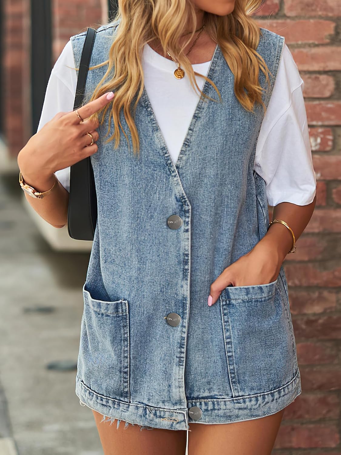 Women's Sleeveless Denim Vest Oversize Button Down Ripped Waistcoat Jacket - Image 4