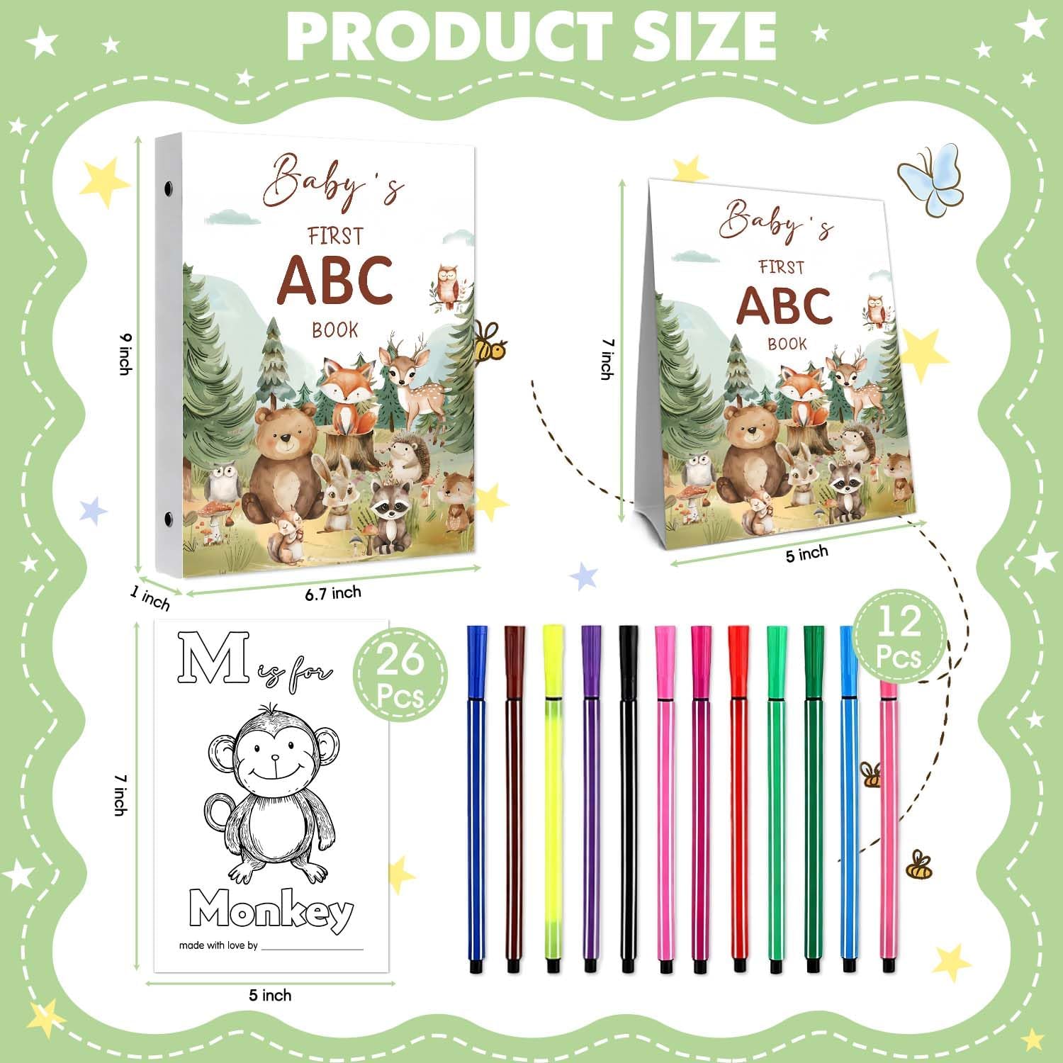 Woodland Baby Shower Decorations,Baby’s First ABC Book Baby Shower Activity Keepsake Game,Forest Animal Alphabet Coloring Guest Book Alternative,Baby’s First Alphabet Coloring Book A-Z