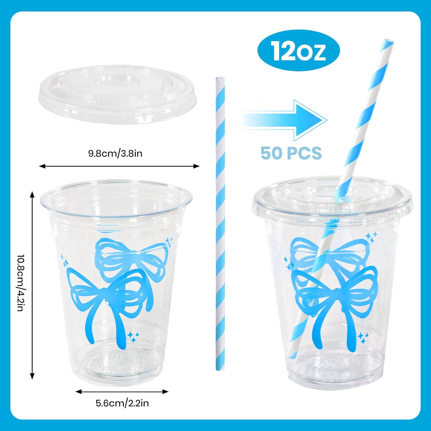 50 Pcs 12oz Blue Bow Cups Disposable Cute Plastic Cups with Lids nd Straws for Blue Bow Party Birthday Decorations (Blue, 12, ounces) - Image 2