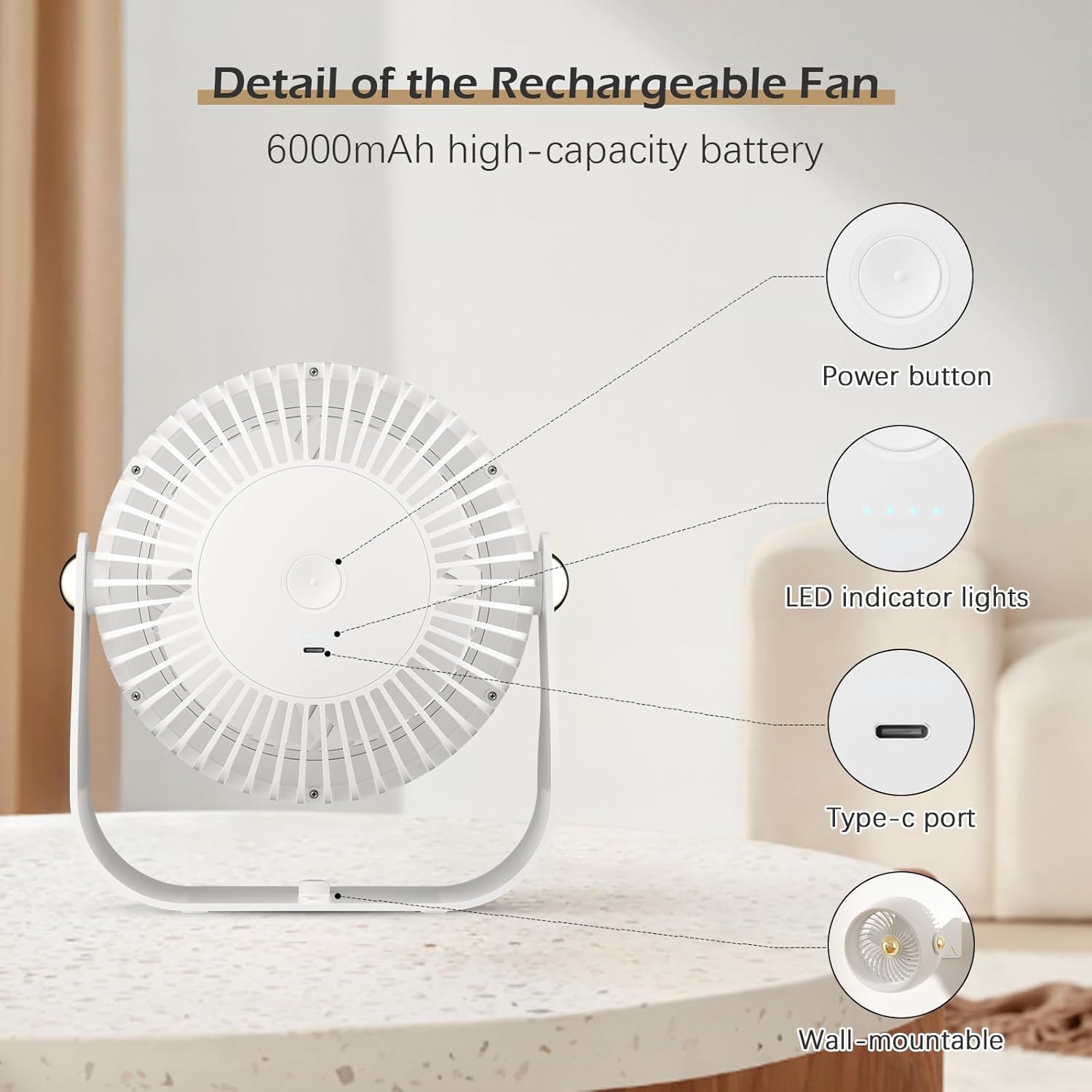 CIVPOWER Desk Fan: Table Fan Small Portable Rechargeable with 6000 mAh Battery - 4 Speed and Timing - Quiet Desktop 8 Inch Fan for Bedroom Room Dorm Office Air Circulation 270°Adjustable - Image 5