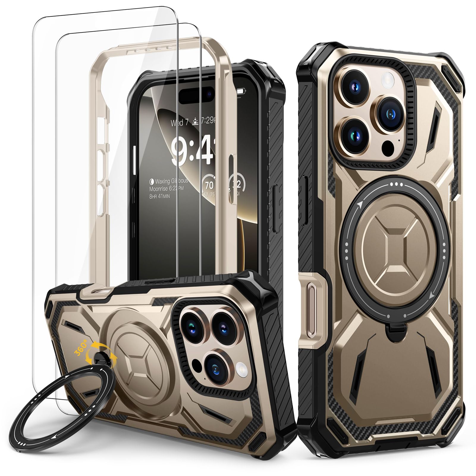 Lanhiem Cover per iPhone 16 Pro Max con 2 Pezzi Vetro Temperato, 14FT Antiurto Anticaduta Militare,Supporto Magnetico Anello a 360° Protezione Armor Protezione, Custodia per iPhone 16 Pro Max, Oro