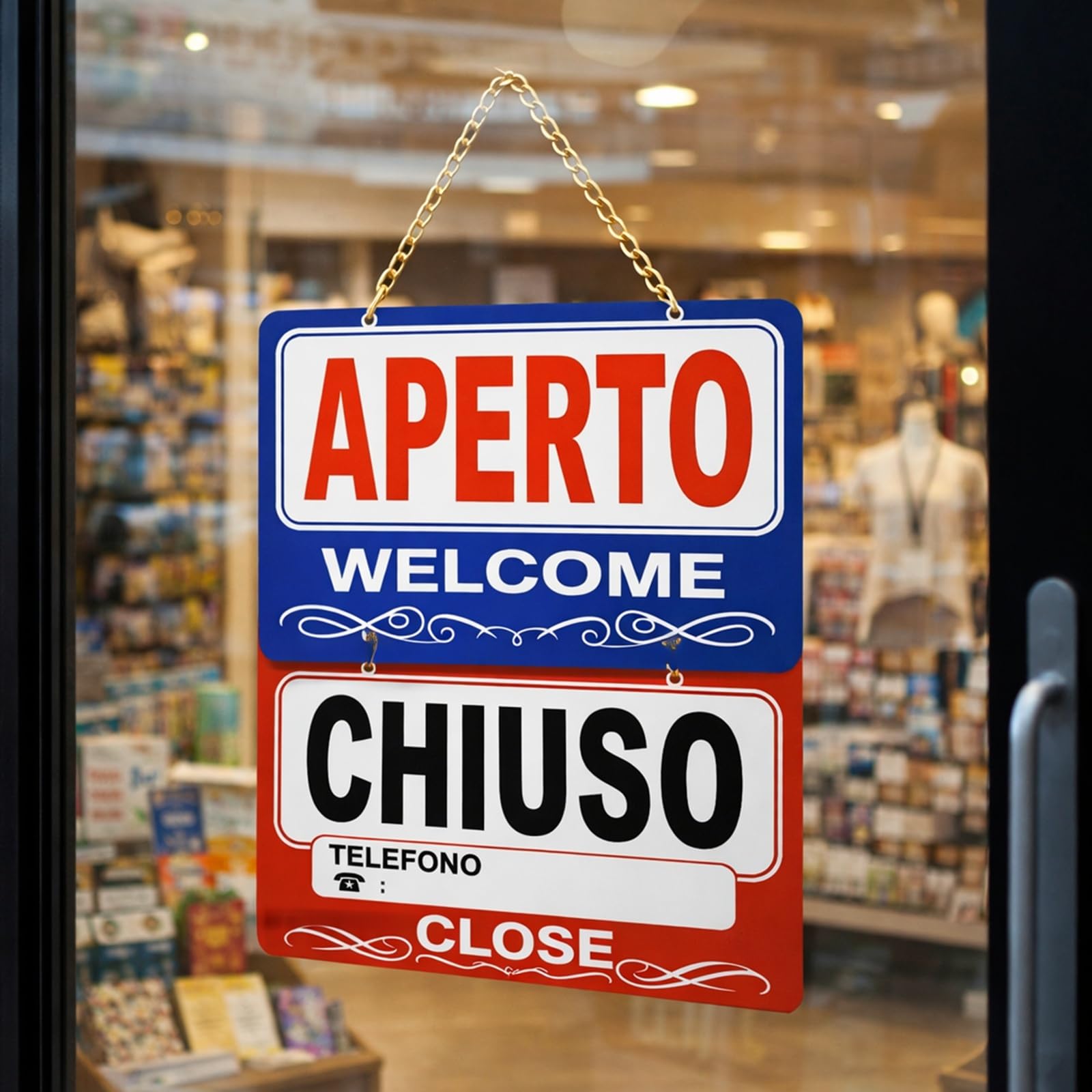 Topolenashop Cartello Aperto Chiuso Reversibile 29x19 cm – Insegna Bilingue Open Close per Negozi, Bar e Ristoranti – Cartello da Appendere con Catena Dorata per Porta e Vetrina ART.689388