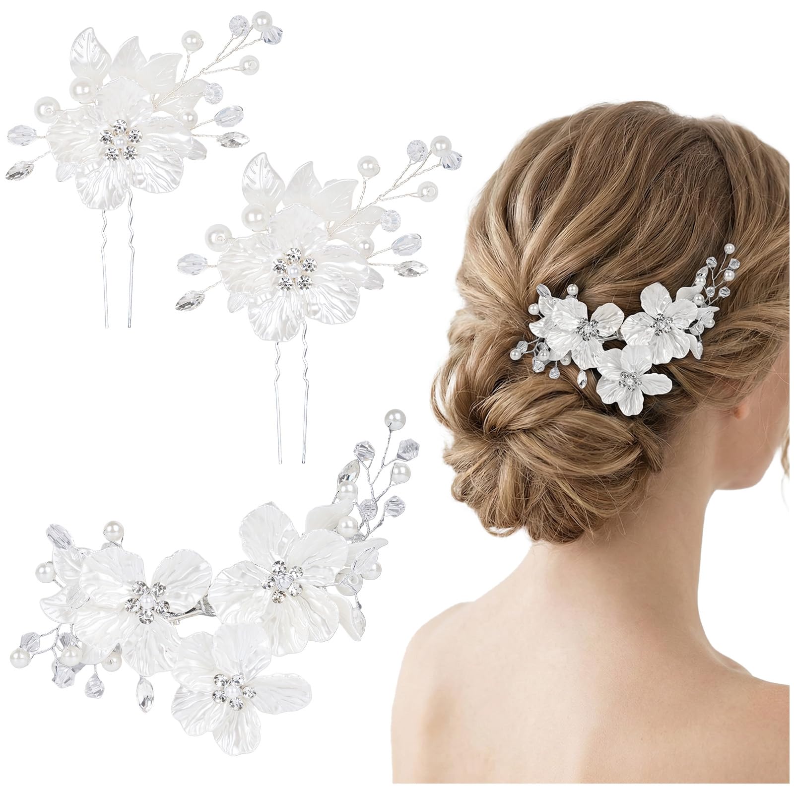 3Pcs Bridal Flower Wedding Hair Pins Rhinestone Pearl Hair Clips Headpiece for Bride Women Girls Wedding Hair Accessories