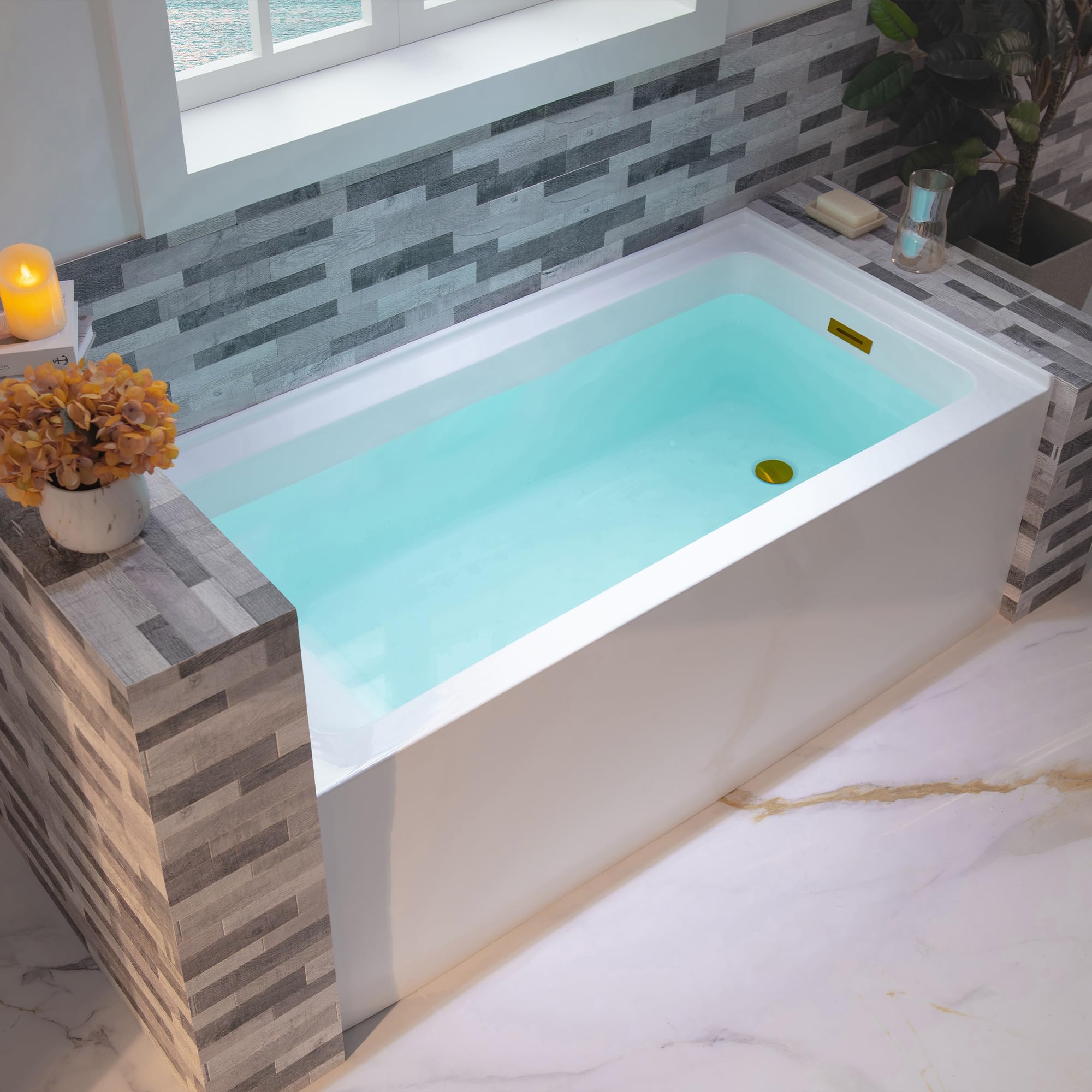 WOODBRIDGE 60" Acrylic Rectangular Alcove Soaking Bathtub in White with Right Drain, Brushed Gold pop-up Drain Included, LB667-R