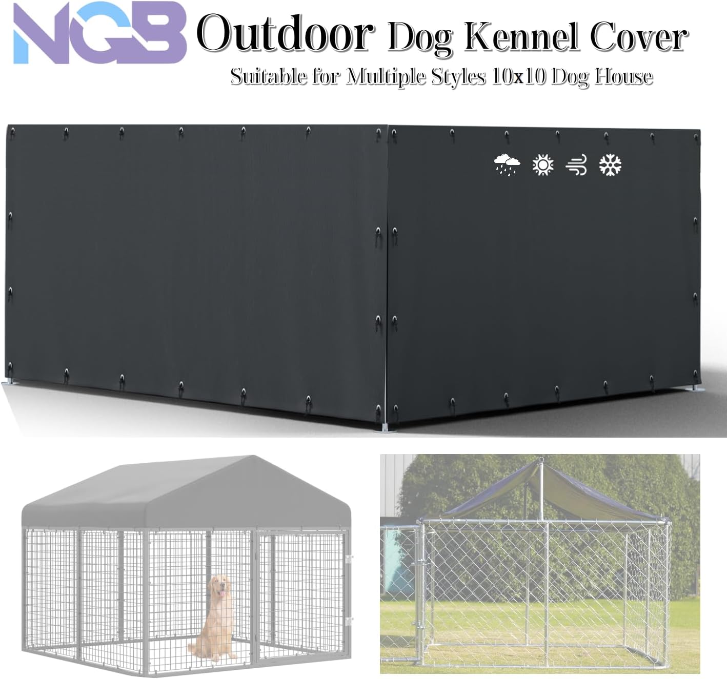 NGB Outdoor Kennel Cover Suitable for 10'W x 10'L Outdoor Kennels, With Multiple Elasticized Ball Cords, Made of 600D Waterproof Oxford Fabric, Kennel Side Cover for Winter.