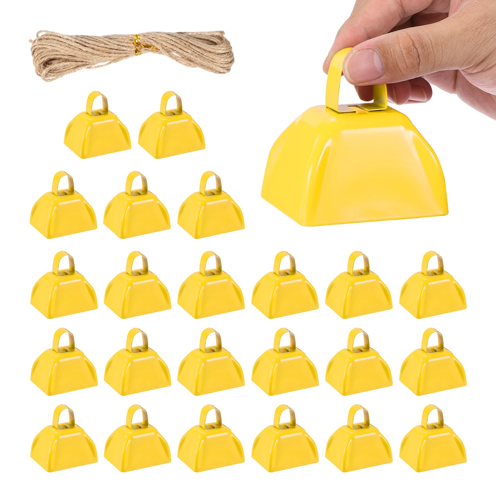 PATIKIL 24pcs Cow Bells for Football Games 3 Inch Cowbells for Sporting Events Bulk Loud Noise Makers Metal Cow Bell with Rope for Cheering Wedding Yellow