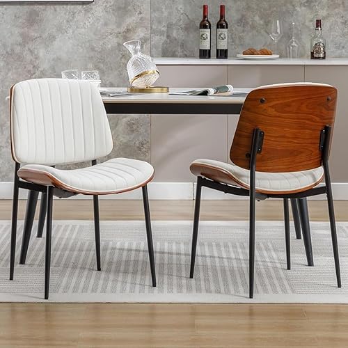 SIZOTA Juego de 2 sillas de comedor modernas de mediados de siglo, sillas retro de piel sintética con asiento tapizado de madera curvada de nogal,