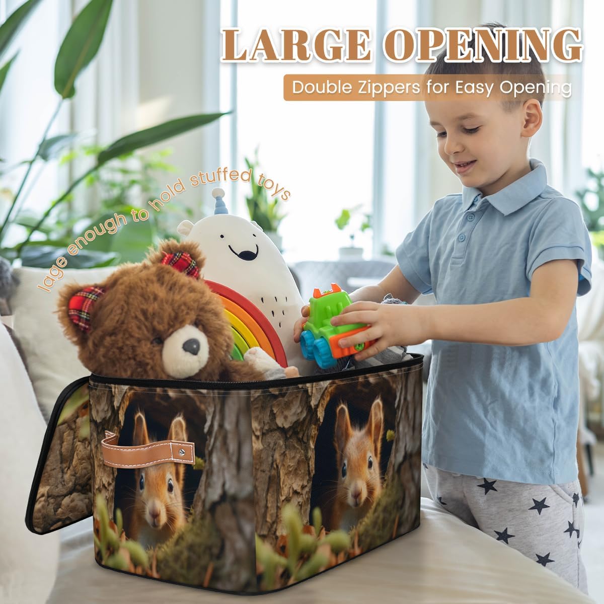 Storage Bin Set of 2 Cute Squirrel Storage Basket with Zipper Lid & Handle Foldable Closet Shelf 2 Pack Cloth Organizer Basket Cube Bins Clothes Organizer for Bedroom, Nursery