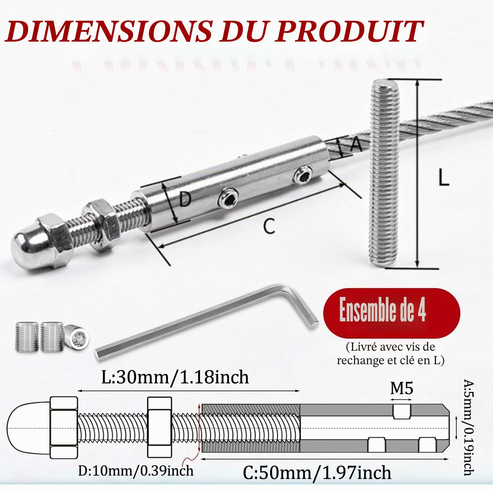 Serre Cable Acier,Tendeur Cable Inox Trou Boulons en Serre Cables 4mm,4 Pièce Serre-Câbles Métallique avec M5 Hexagone Vis Clé,Fils Clips de Corde de Serrage pour Balustrade Fixation