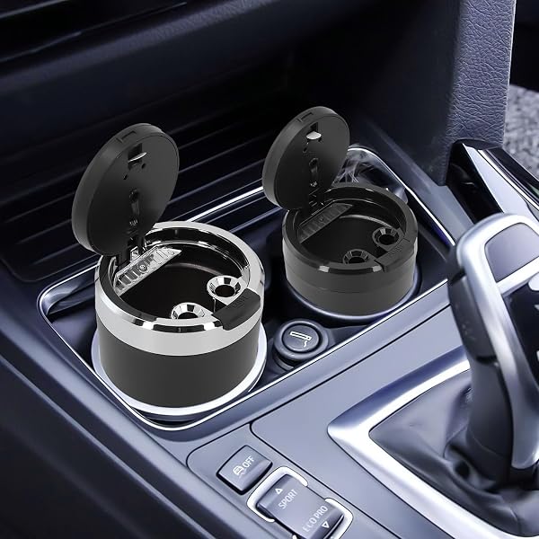 RichVibe LED Car Ash Tray with Lid, Smokeless Aluminum Alloy Cup Vehicle Cup Holders, Blue Light Illuminates on Opening, Detachable Liner, Black - 4