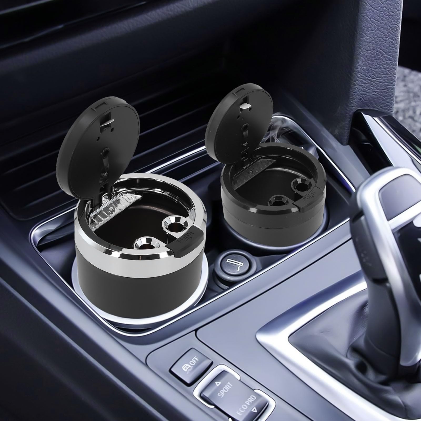 RichVibe LED Car Ash Tray with Lid, Smokeless Aluminum Alloy Cup Vehicle Cup Holders, Blue Light Illuminates on Opening, Detachable Liner, Black — view 4