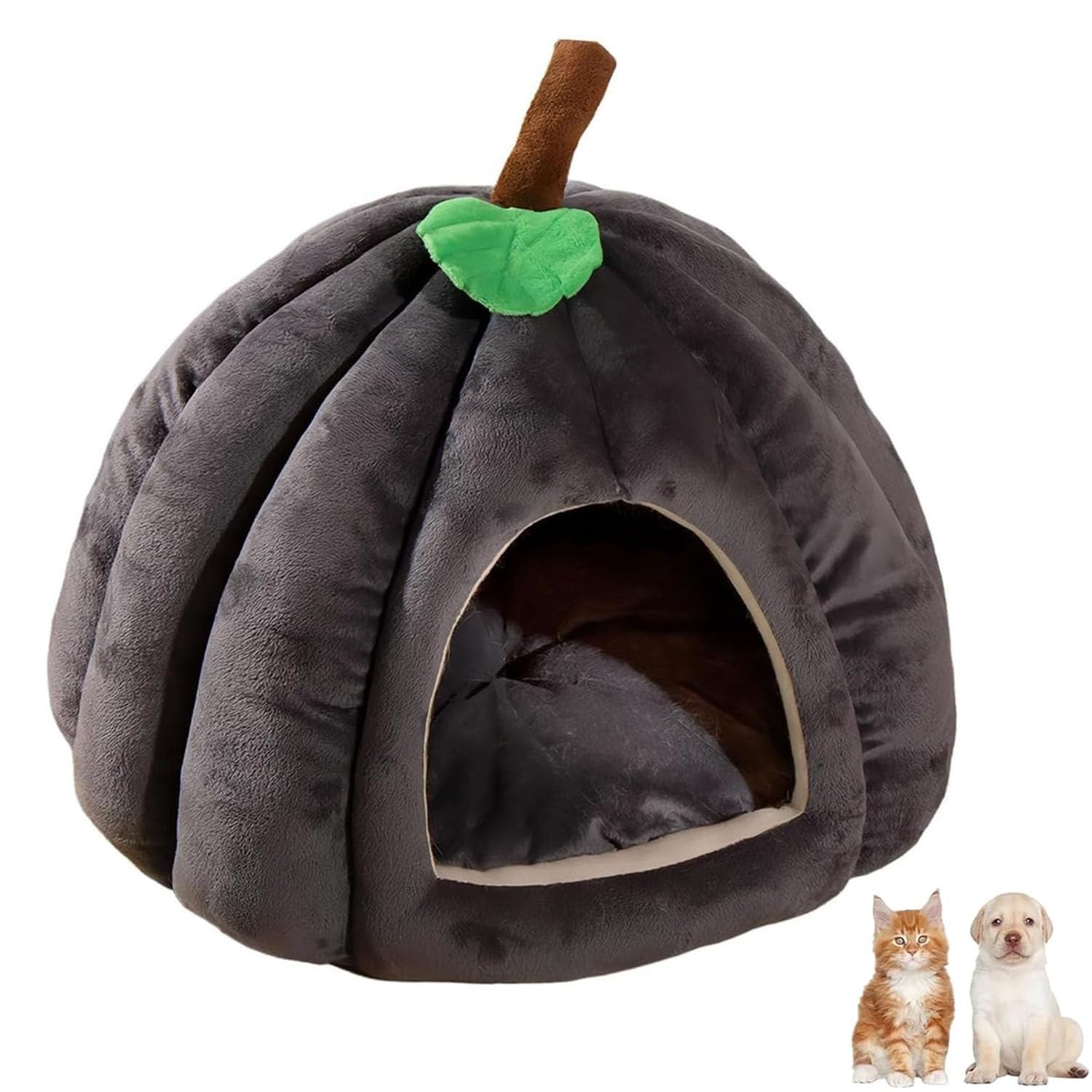 Pumpkin Cat Bed, Cute Pumpkin Shape Cat Cave, Halloween Cats Bed House with Removable Cushion, Soft Plush Pet Cave for Indoor,Kittens & Small Dogs (Dark Gray, S)