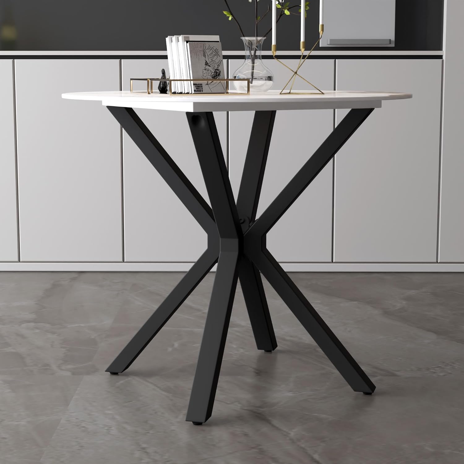 Round Marble Dining Table for 2-4 with Metal Legs, 31.5 Inch Modern Small Sintered Stone Kitchen Table for Kitchen Dining Room (White)