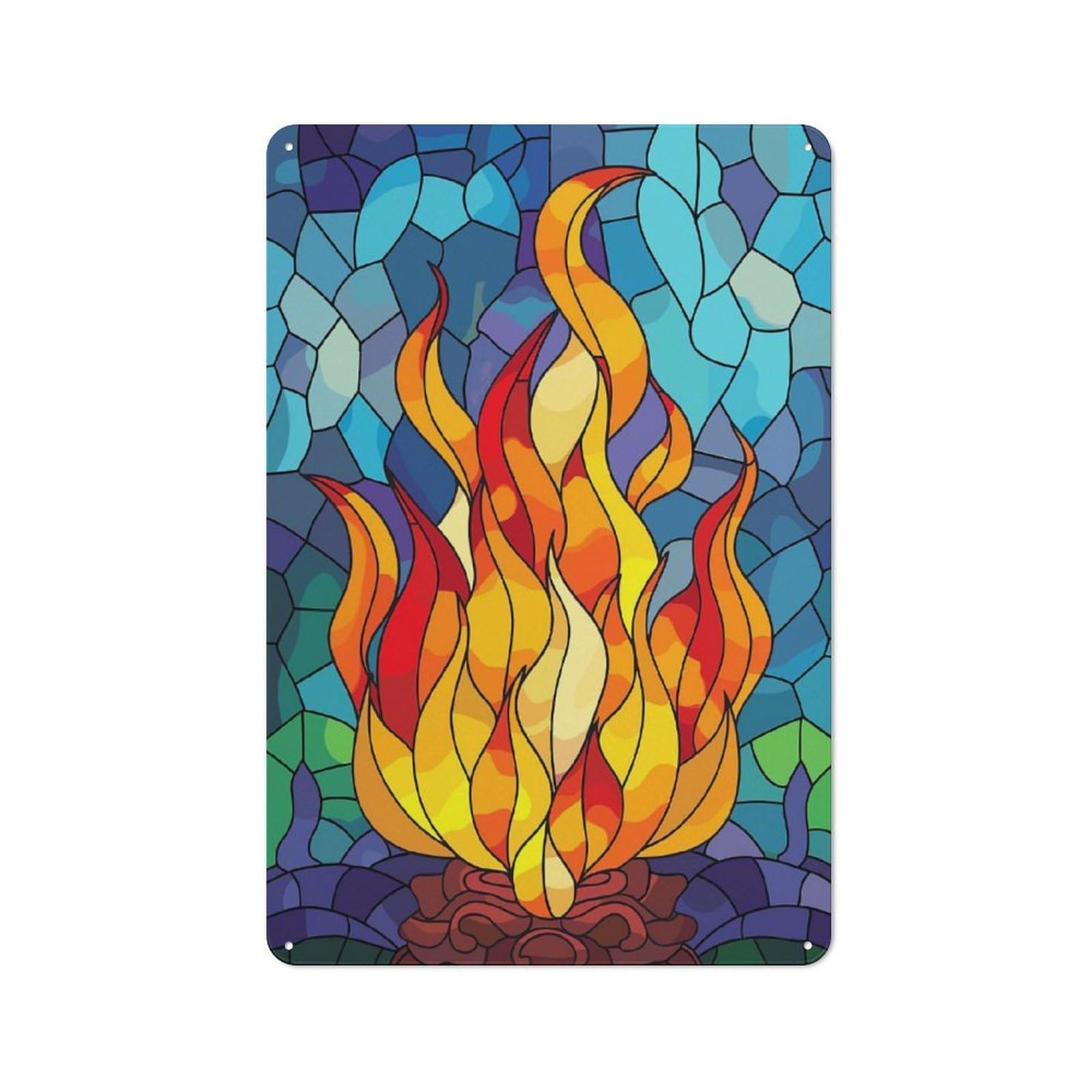 Workshop Style Garage Metal Sign 30x20cm Featuring Stained Glass Fire, Industrial Wall Art for Workshop, Basement, Shed Or Games Room