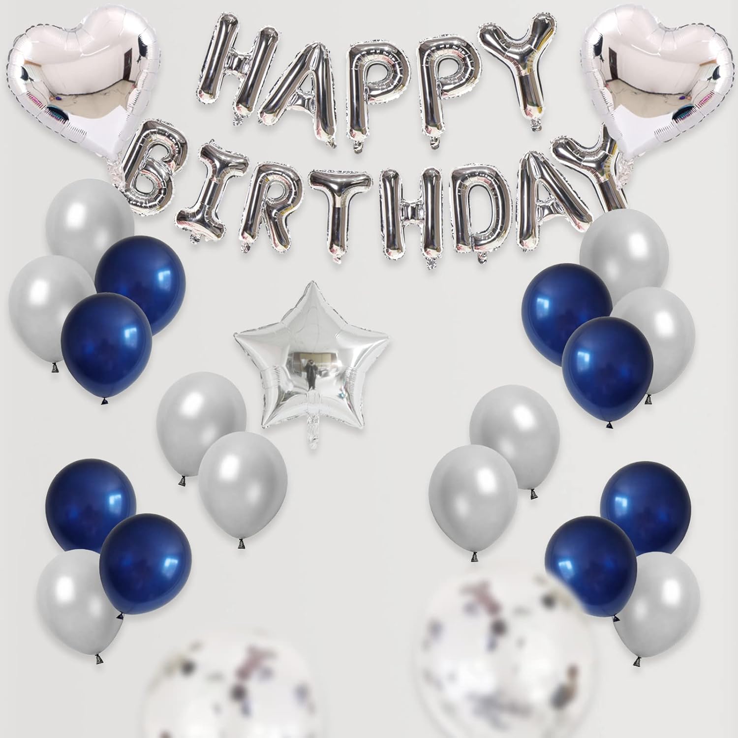 Lausatek 誕生日 バルーン 飾り付け 風船 ハッピー バースデー happy birthday ガーランド ハート風船 紙吹雪風船 装飾 お祝い サプライズ シルバー ブルー パーティーセット