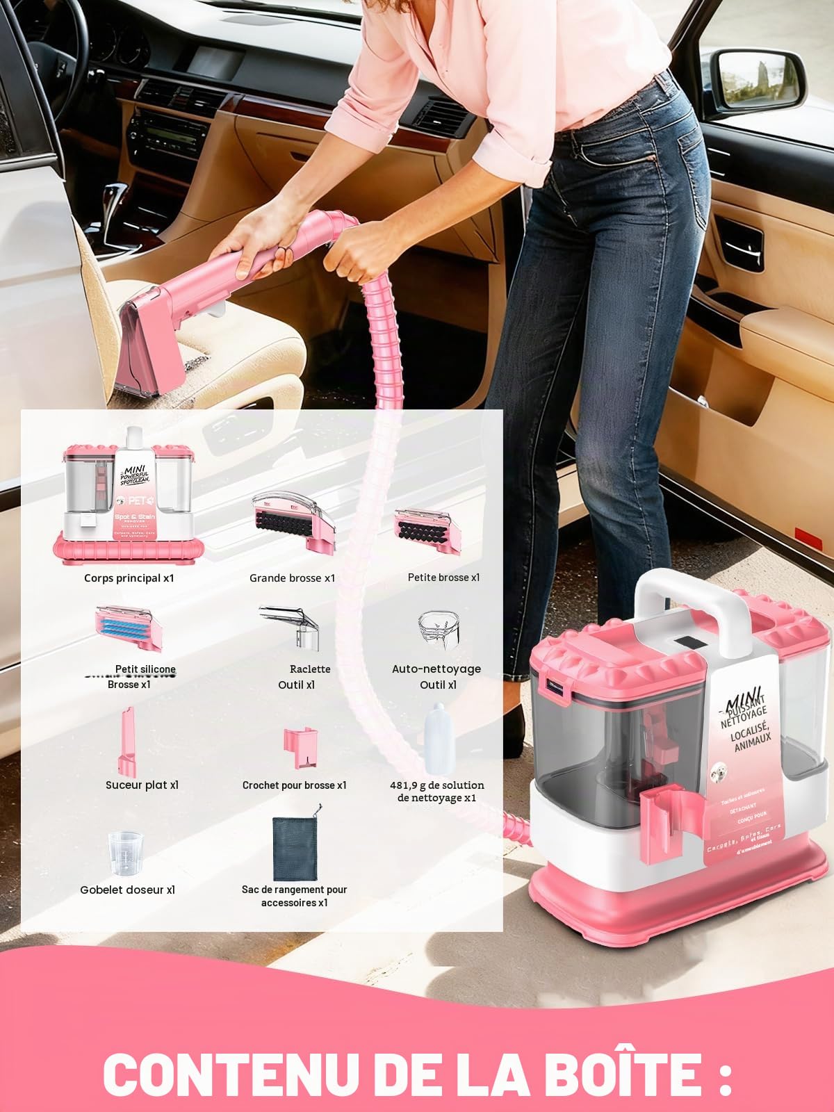 Nettoyeur canapé tissu, 18Kpa Shampouineuse Canapé 600W, Aspirateur Nettoyeur avec 500ml de Solution & 5 Accessoires, pour Tapis, Escaliers, Voiture, Design Léger, Rose