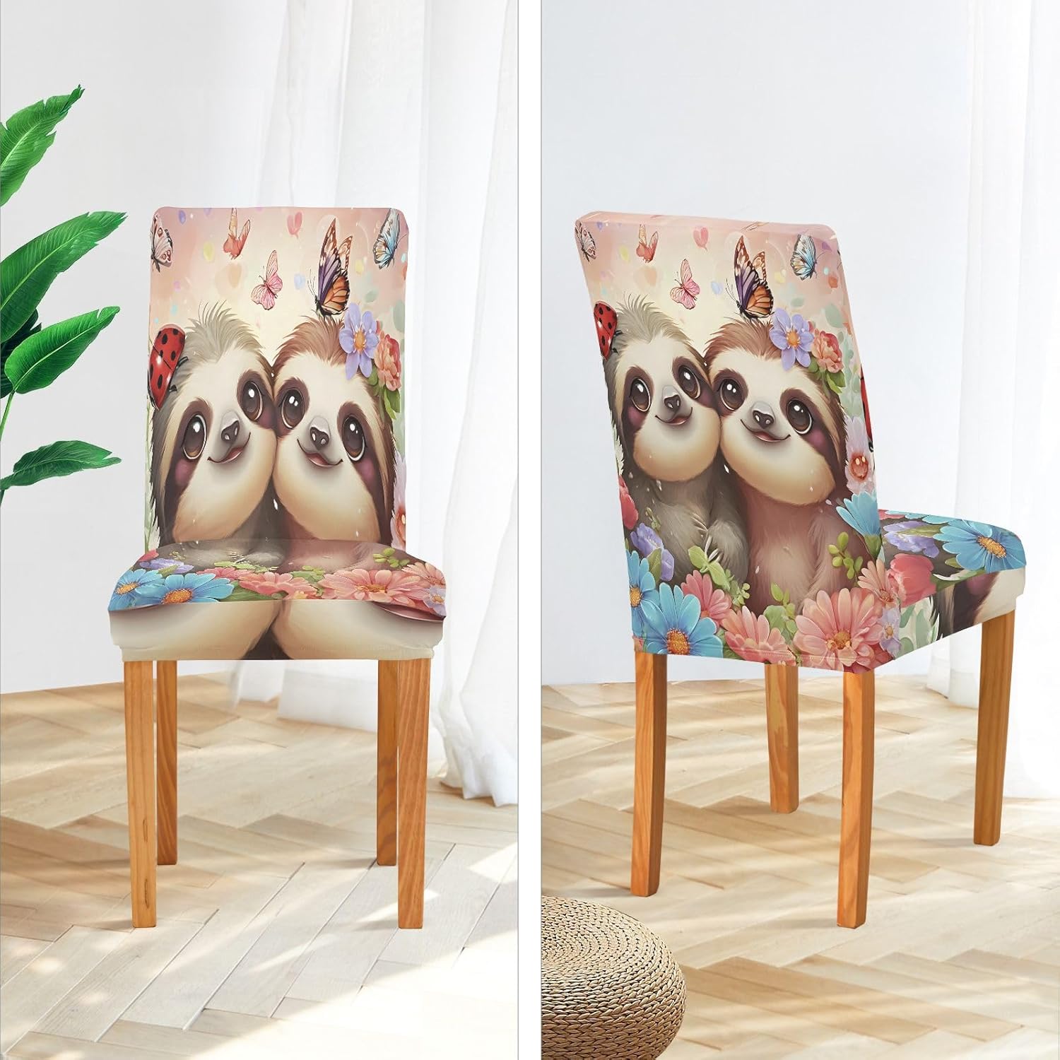 ALAZA Chair Covers for Dining Room, A Sloth Couple with Flower Butterflies Stretch Chair Cover Sets Chair Protector Removable Washable for Ktichen Restaurant Hotel
