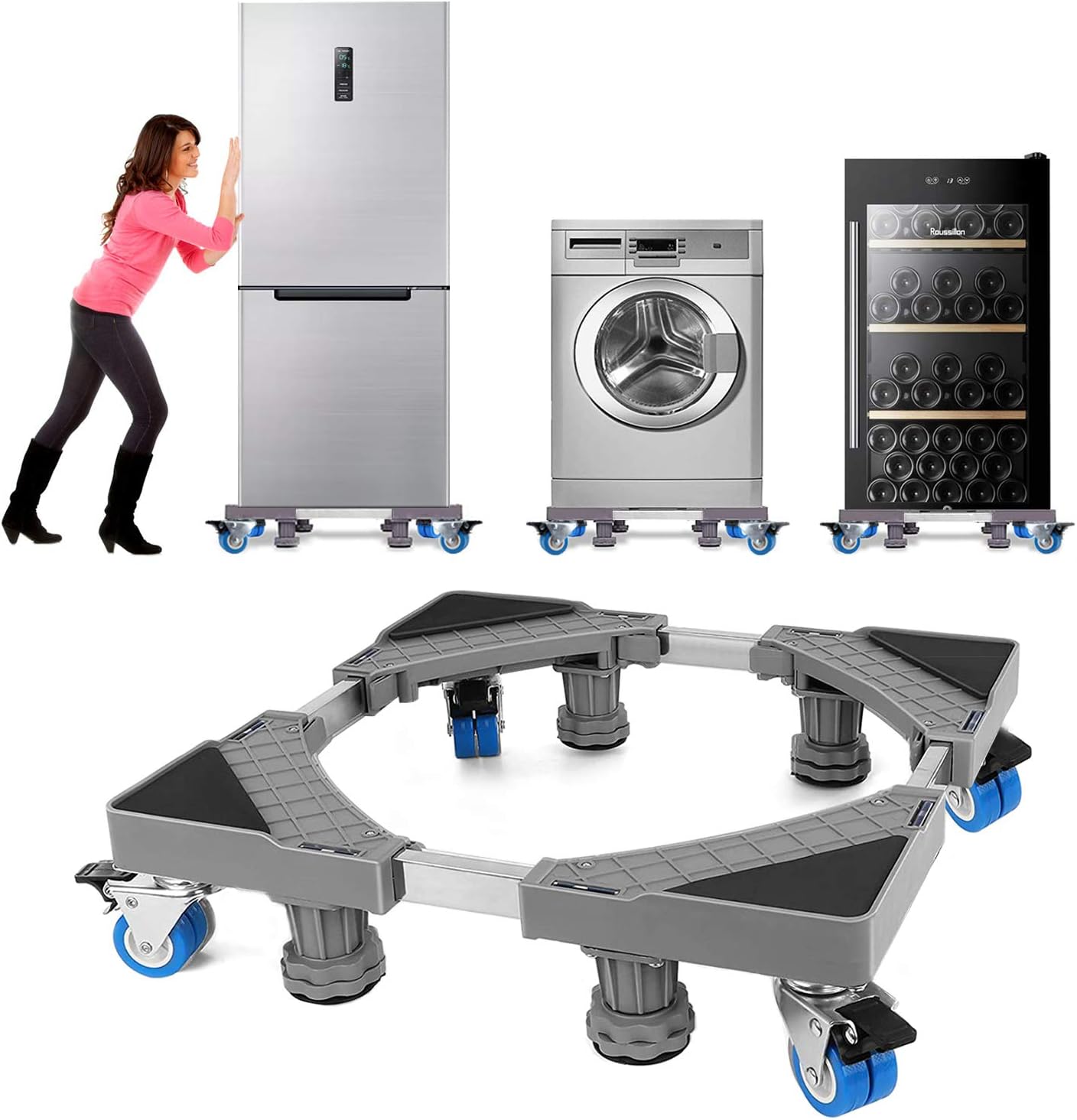 NIUXX Multi-Functional Moving Base with 4 Locking Swivel Wheels and 4 Adjustable Feets, Adjustable Mobile Furniture Dolly Roller for Refrigerator, Washing Machine, Dryer or Large Storage Boxes