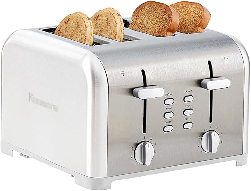Kenmore Tostadora de 4 rebanadas, acero inoxidable blanco, controles duales, ranuras extra anchas, funciones de bagel y descongelación, 9 niveles de