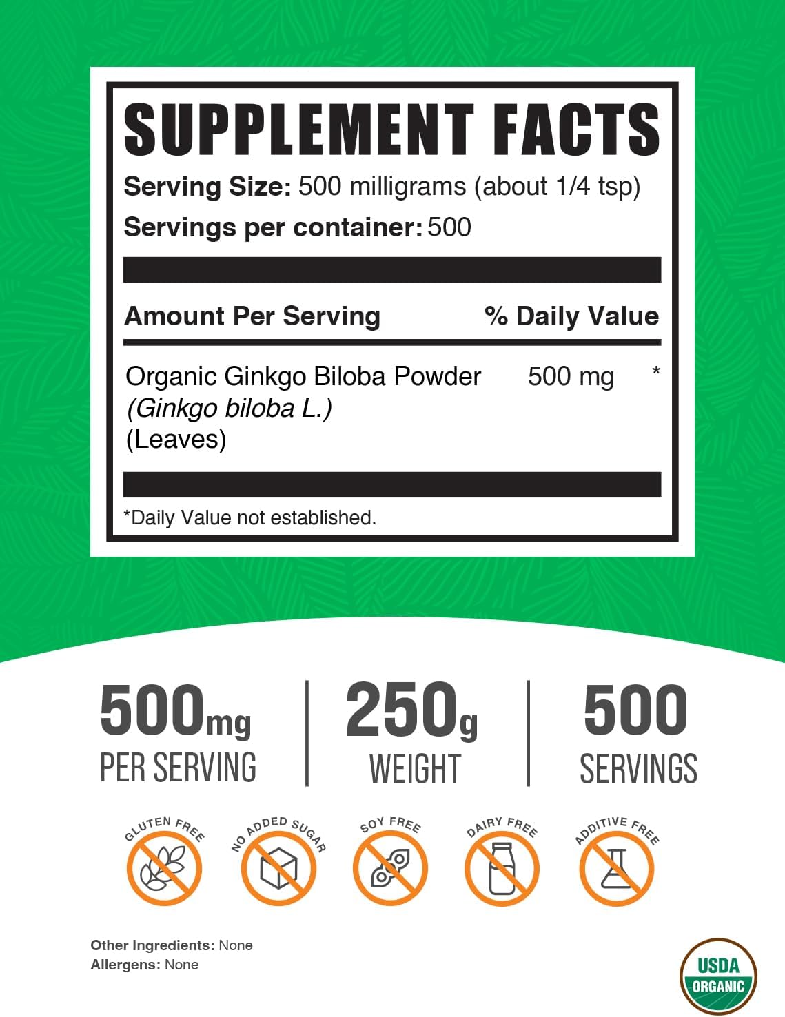 BulkSupplements.com Organic Ginkgo Biloba Powder - from Ginkgo Biloba Leaf, Herbal Supplement - Vegan & Gluten Free, 500mg per Serving, 250g (8.8 oz) (Pack of 1)