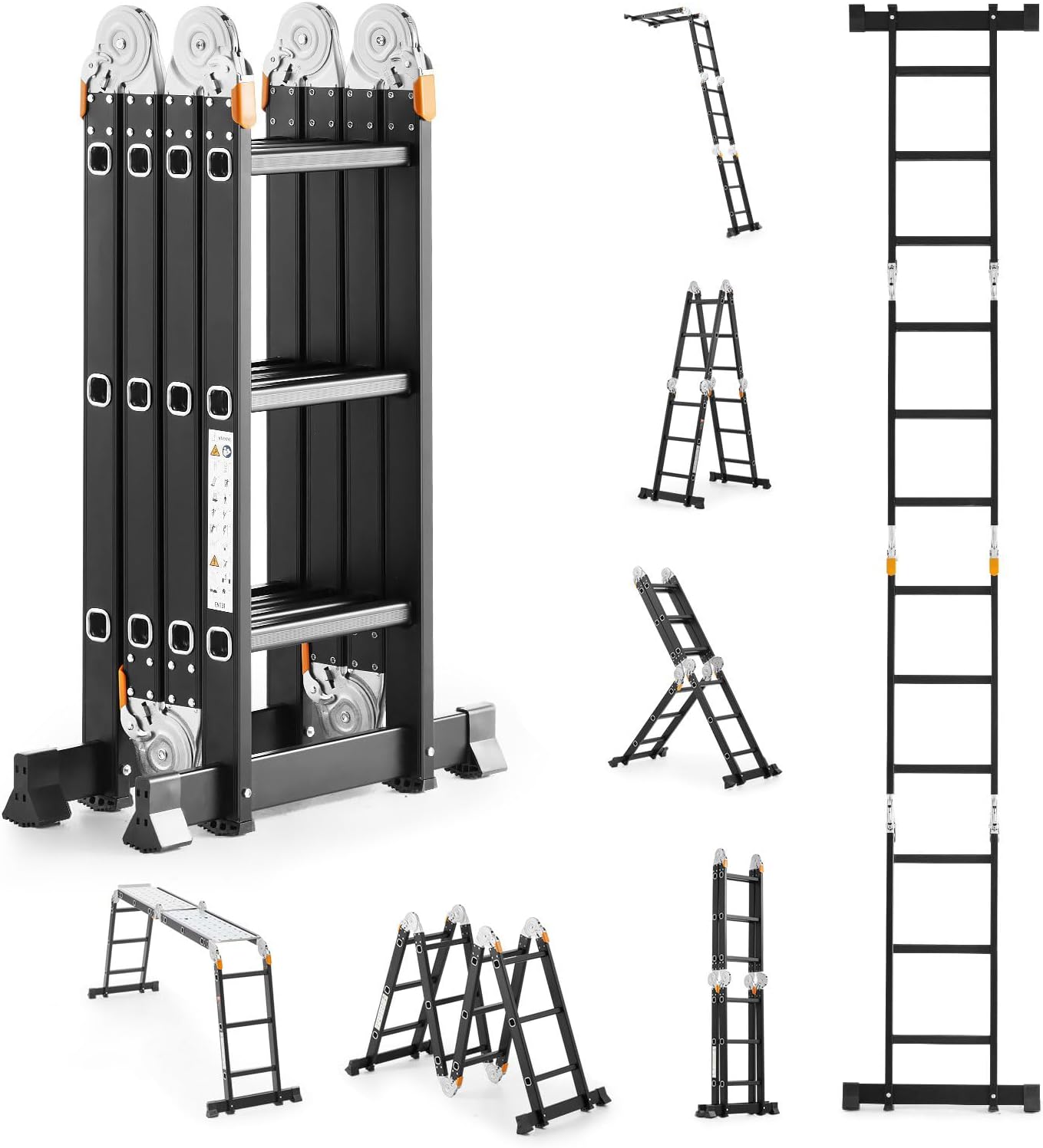 Multi-Purpose Foldable Ladder - 4x3, 12 Steps | Aluminum Folding Ladder for Home, Work, and Outdoor Use | Portable and Adjustable Ladder Foldable with Grip (4x3-3.7mtrs, Black)
