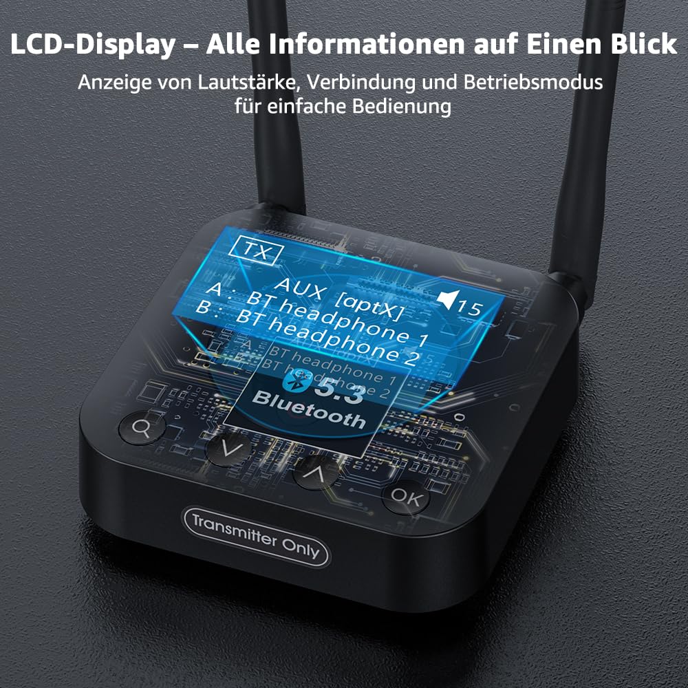 1Mii B06TX+ Bluetooth 5.3 Transmitter für TV mit Display, aptX Adaptive/HD/LL, Dual Link für 2 Kopfhörer, PC & Projektor, hohe Reichweite, Optical 3.5mm RCA Koaxial