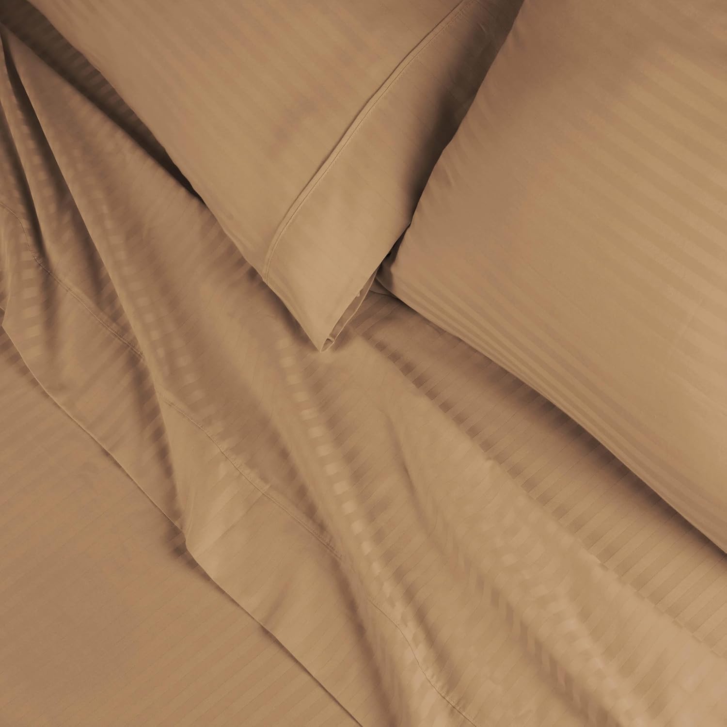 Superior Egyptian Cotton 650 Thread Count Bed Sheet Set, 1 Elastic Deep Pocket Fitted Sheet, 1 Flat Sheet, 2 Pillowcases, Daily Sheets, Luxury Home Essentials, Striped Design, Queen, Taupe - Image 3