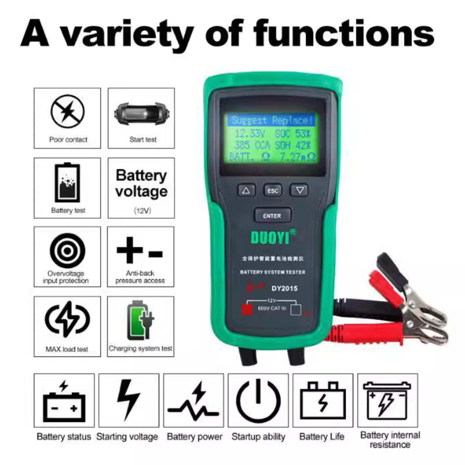 Probador de Carga de Batería para Automóvil de 12V/24V, Probador de Carga de 100-1700CCA, Probador de Alternador Automotriz, Analizador de Batería Digital (12V)