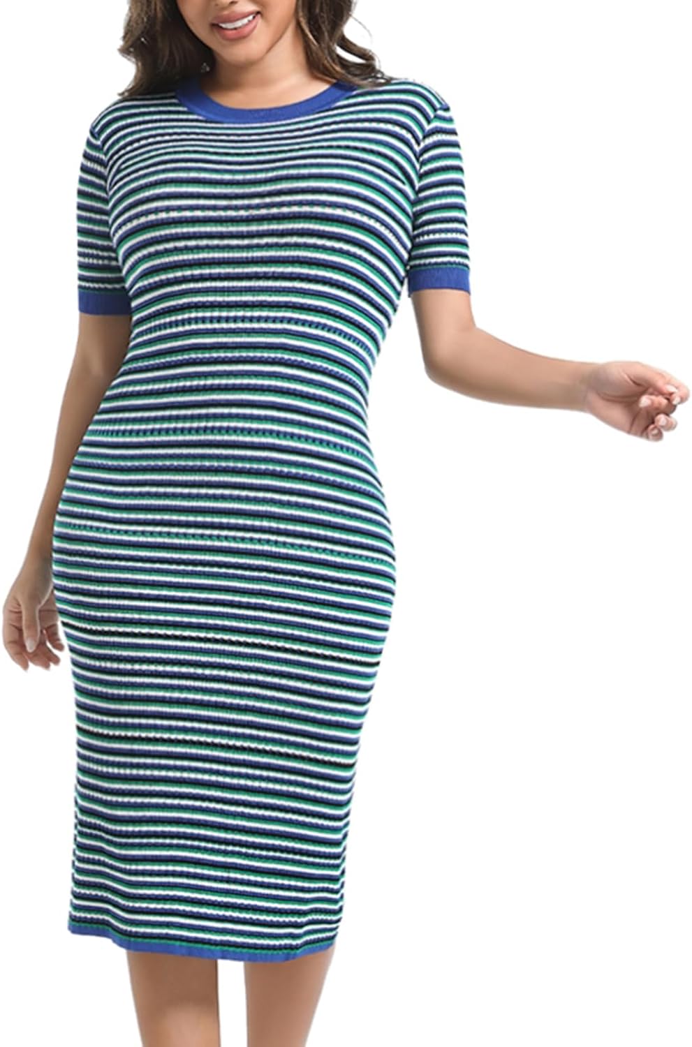 Women Short Sleeve Striped Midi Dress, Crew Neck Pattern Ribbed Casual Bodycon Knit Dress Knee Length - Image 8