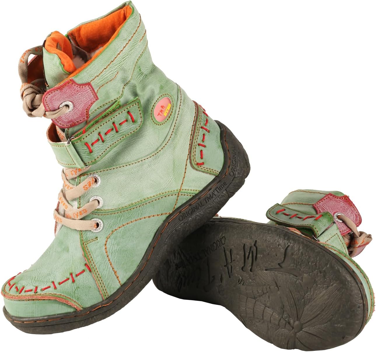 TMA EYES Women's lace-up leather casual ankle boots fashion non-slip and patchwork with handstitching upper Boots image 4