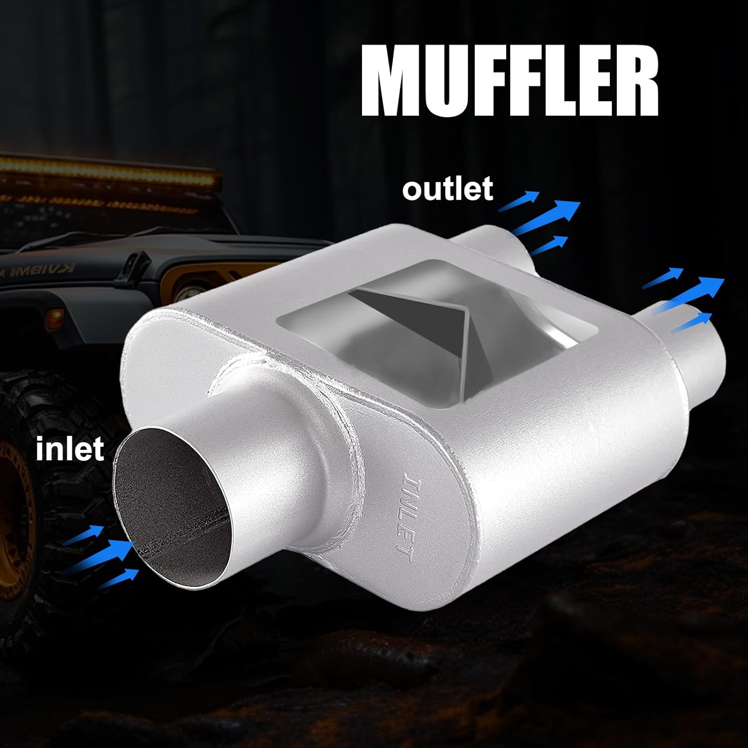 Universal Mufflers,Performance Automotive Exhaust Muffler，Single Chamber 3" (ID) center in 2.25" (ID) dual out FH430122