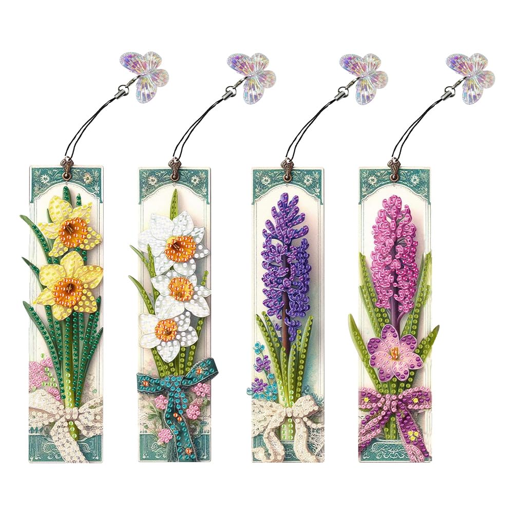 Fiorky 4Pcs 5D DIY fortial Special Shaped Drill Diamond Painting Kit, Butterfly Flower Diamond Painting Bookmark Making Kit Diamond Art Bookmark with Pendant for Kids Adults Beginners