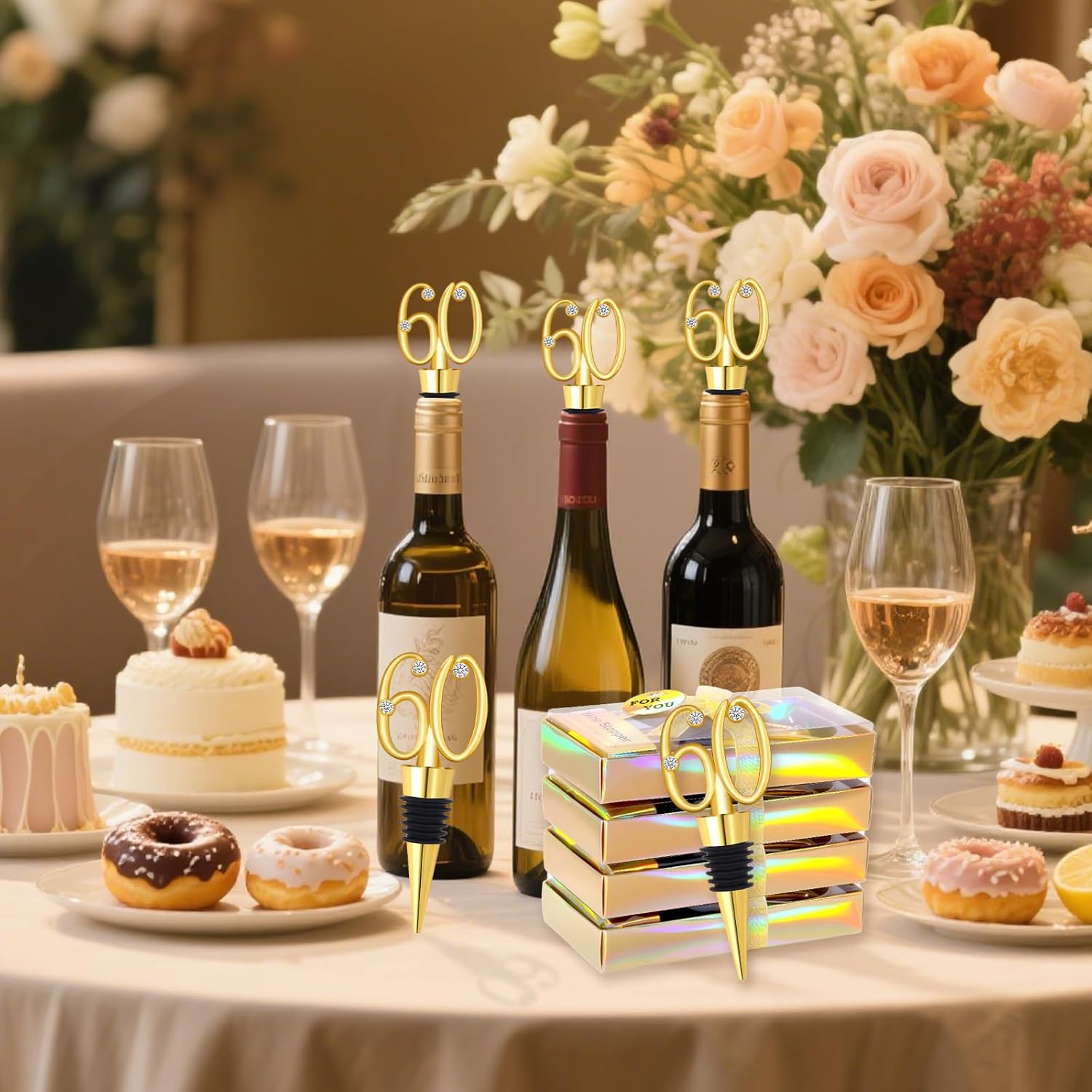 30Pcs 60th Birthday Wine Stopper Party Favors Gold Wedding Favor Wine Bottle Anniversary Wine Stopper Souvenirs for Guests Wine Bottles Stopper Decorative for Wedding Anniversary Parties(60th) - Image 5