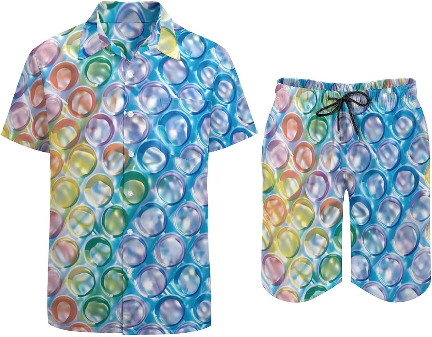 Colorful Bubble Wrap Men's Summer Beach Outfits Shirt And Shorts Set 2 Piece Vacation Swimwear