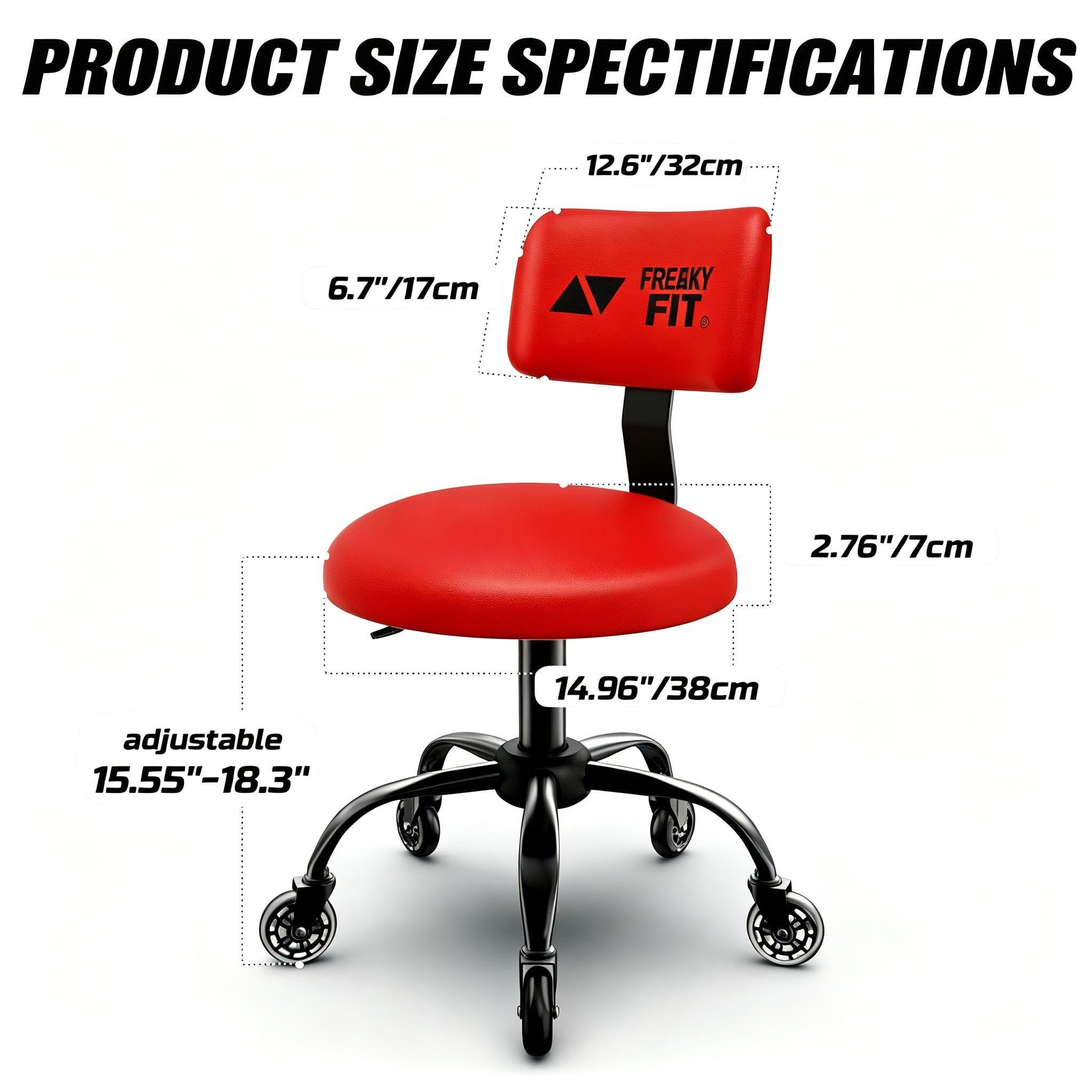 Taburete rodante con respaldo y ruedas, taburete mecánico de garaje con altura ajustable de 15.5 a 18.3 pulgadas, silla de taller resistente giratoria de 360°, asiento de trabajo de PVC, 5