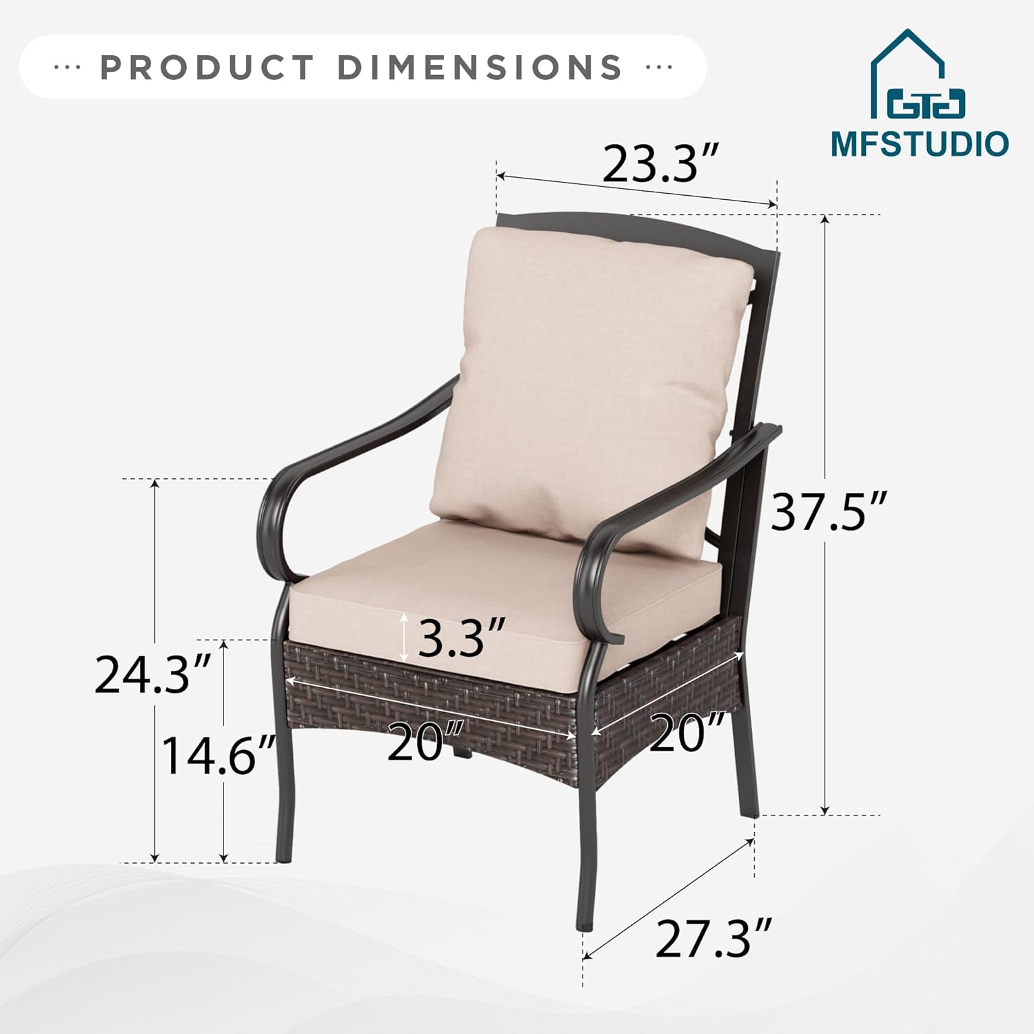 MFSTUDIO Patio Chairs Set of 4, Outdoor Brown Wicker Chairs, Patio Outdoor Dining Chairs Set for Table, Metal Frame & Brown Wicker Chairs of 4, Beige Cushions, 300lbs