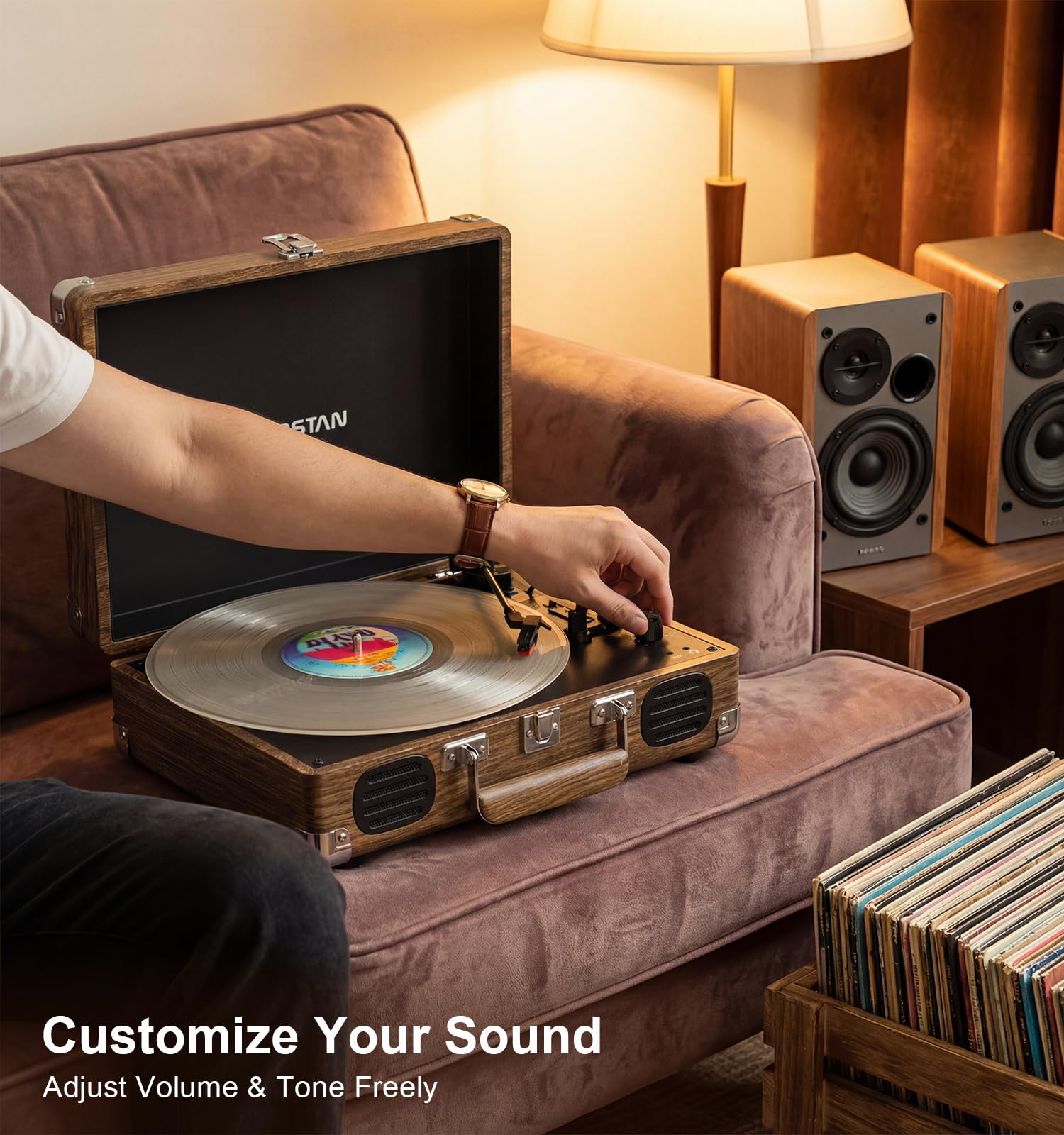 Tourne-disque Bluetooth vintage avec haut-parleurs intégrés, tourne-disque à 3 vitesses, arrêt automatique, entrée RCA et AUX-in, prise casque, lecteur LP rétro valise - Grain de bois