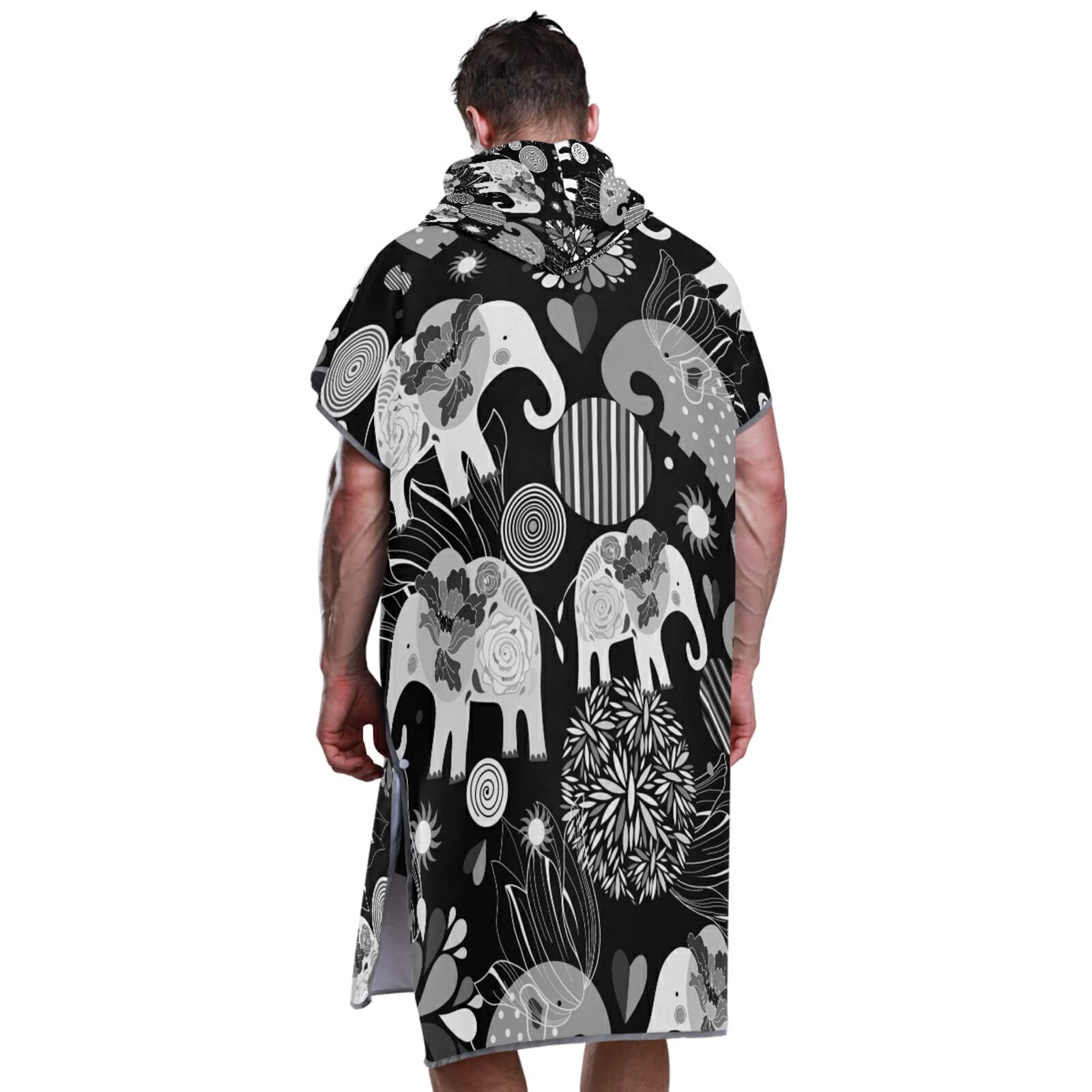 Vintage Emaillierte Elefanten-Kreise Blumen auf dunklem Surf-Poncho Wickelmantel mit Kapuze und Tasche, schnell trocknender Bademantel, Mikrofaser-Handtuch-Neoprenanzug für Bad, Strand, Outdoor