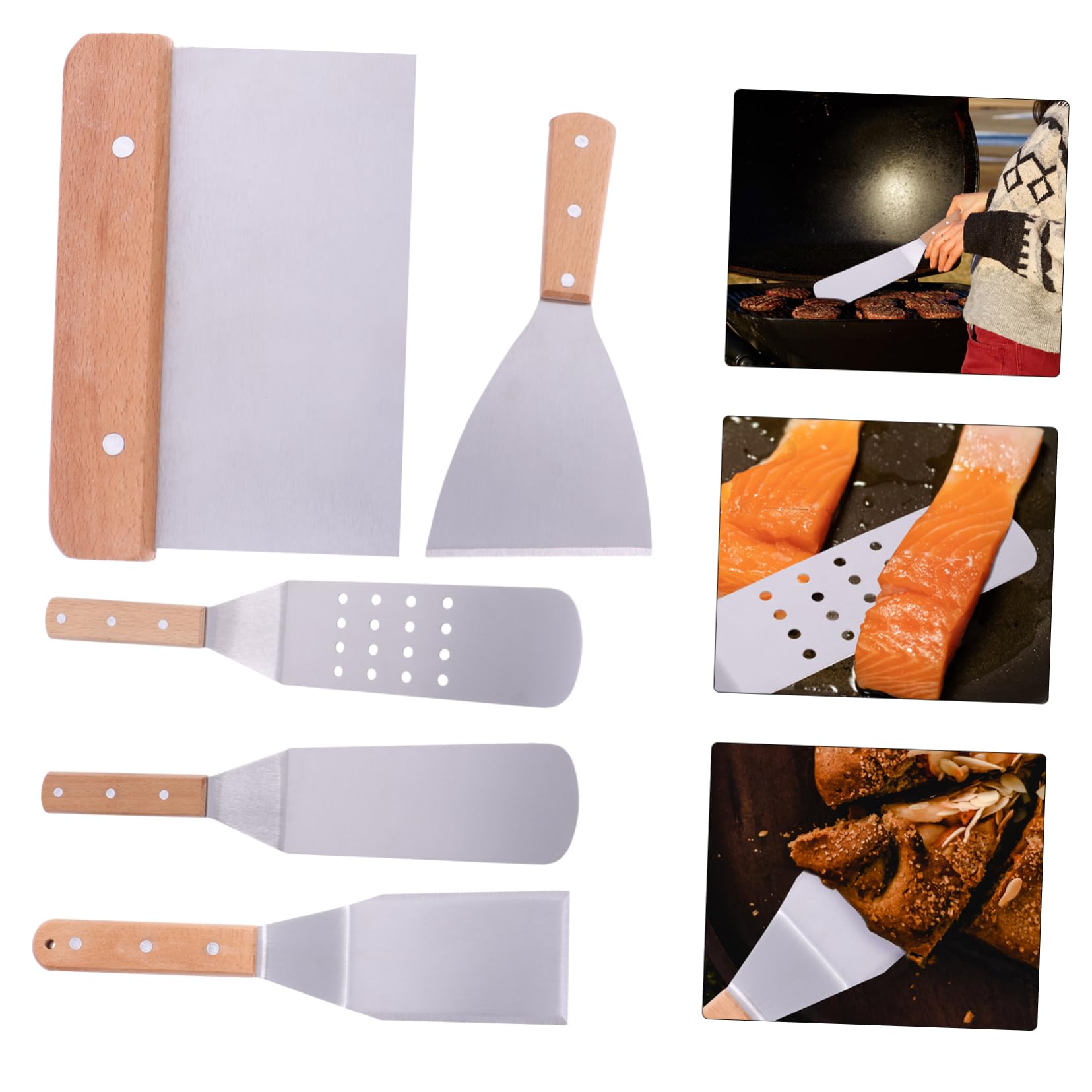 Pizzaschaufel Satz mit 5 Teilen aus Edelstahl und Holzstiel | Brotschaufel, Steakschaufel und Pfannenwender, Hitzebeständiger Griff, für Küche