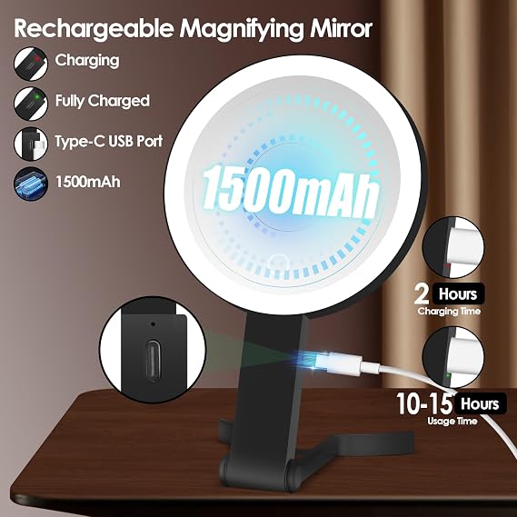 MIYADIVA Travel Makeup Mirror with Lights, Height Adjustable 30X/1X Double-Sided Magnifying Mirror, Portable Vanity Mirror with Digital Display & Phone Holder, Handheld Tabletop Hanging, Black