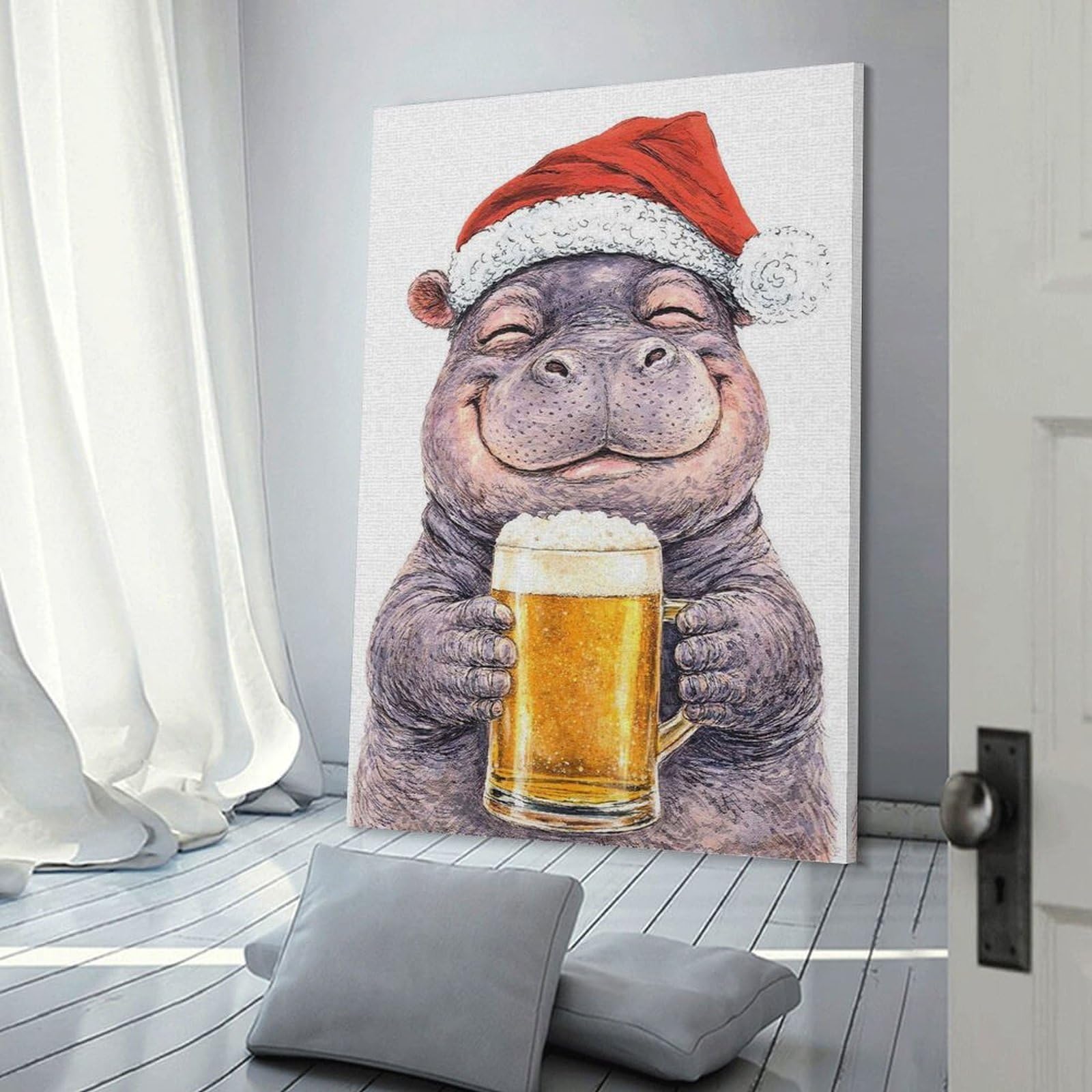 Junmoney Frame-Style-24 Canvas Wall Art Happy Hippo With Christmas Beer, 20X30inch(50X75cm), For Gallery Wall Decor And Room Displays, Decorative Artwork With Flexible Styling