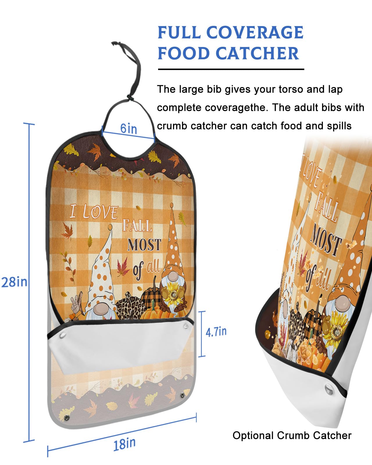 Thanksgiving Gnomes Adult Bibs for Eating, Waterproof Bibs with Food Catcher & Adjustable Snap Closure, Orange Plaid Pumpkin Rustic Washable Clothing Protectors Adult Bibs for Elderly Women/Men