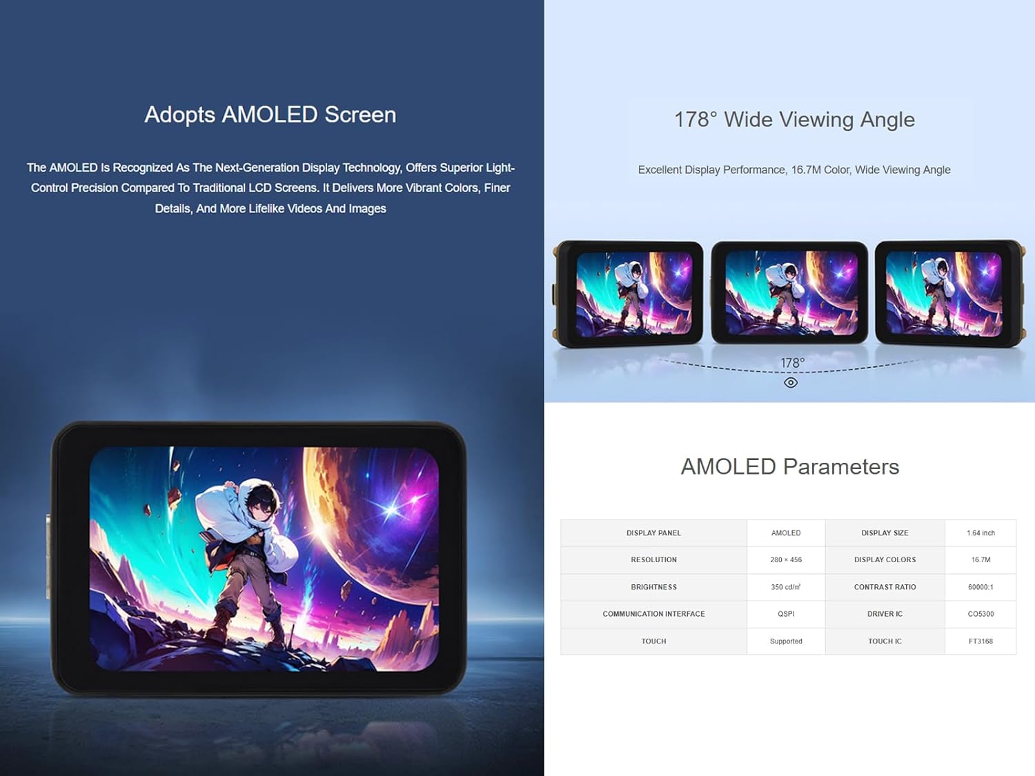 ESP32-S3 1.64inch AMOLED Touch Display Development Board, 280×456 Resolution, 16.7M Color, QSPI Interface, Wi-Fi and BLE-5 Support, Onboard 6-Axis IMU, TF Card Slot, USB, UART, I2C, etc.