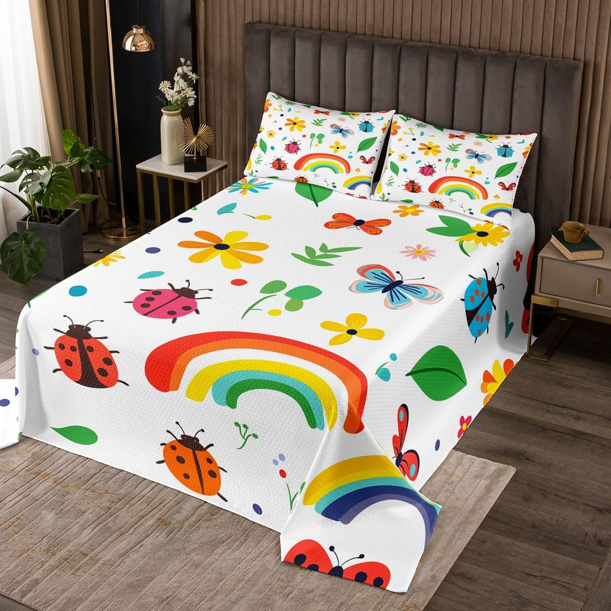 Castle Fairy Rainbow Bedspread Twin Size,Cartoon Ladybugs Bedding Sets 2Pcs for Kids Girls Boys Room Decor,Cute Floral Leaves Comforter Set Colorful Animals Plants Quilt Coverlet,1 Pillowcase